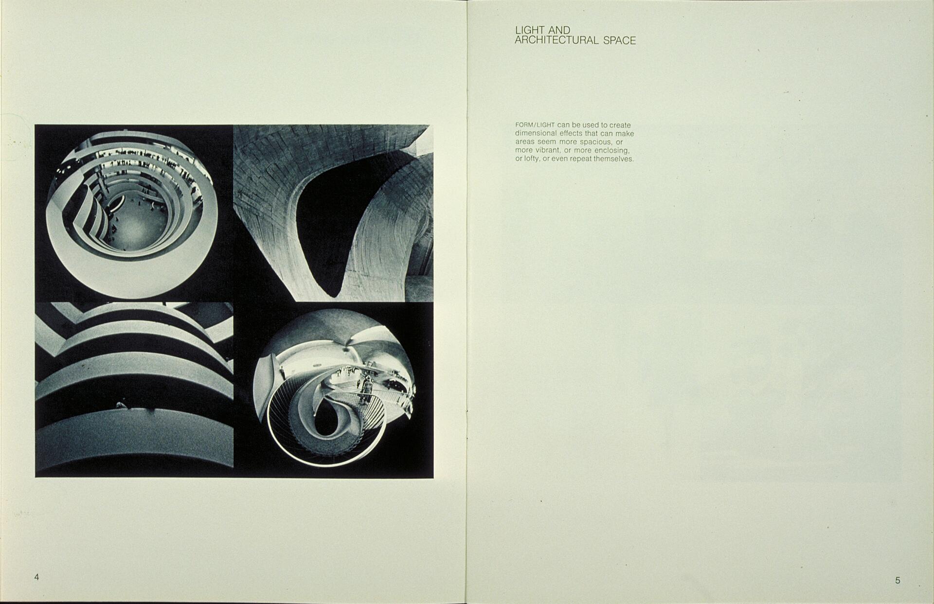 Four black and white photographs of architectural spaces featuring curves and spirals. The images show varying perspectives and lighting effects on the structures, highlighting the interplay of light and form. The right page contains text on light and architectural space.
