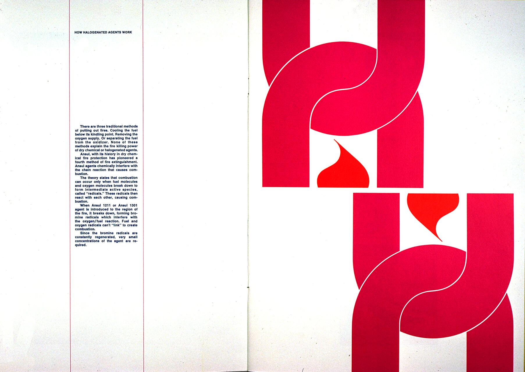 A page with text titled "How Halogenated Agents Work" on the left, and abstract red and pink shapes resembling interlocking curves with flame-like designs on the right.