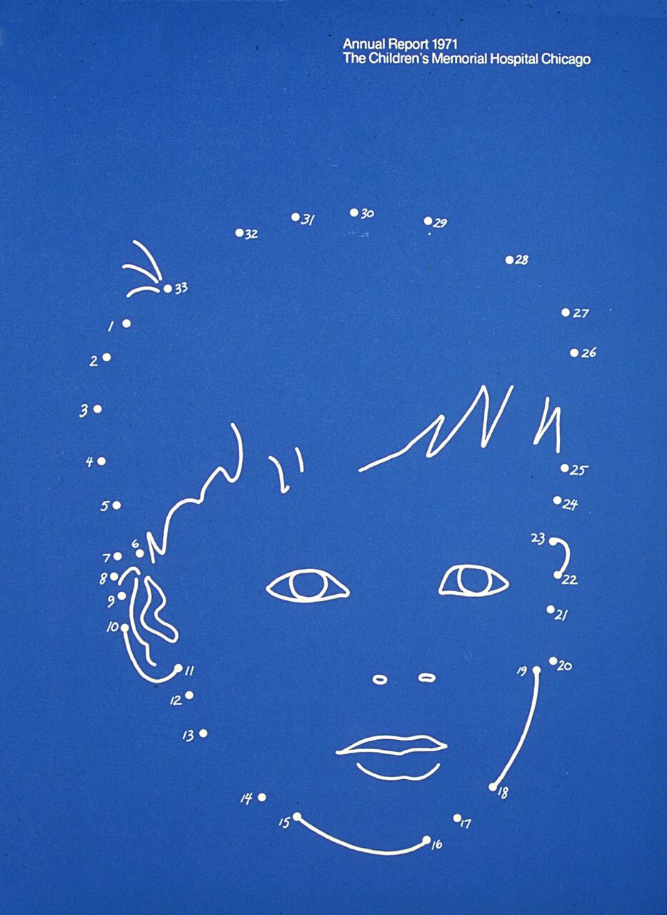 Outline of a child's face on a blue background, with numbered points around the silhouette, indicating facial features like eyes, nose, and mouth. The lines and dots suggest a drawing or blueprint style.