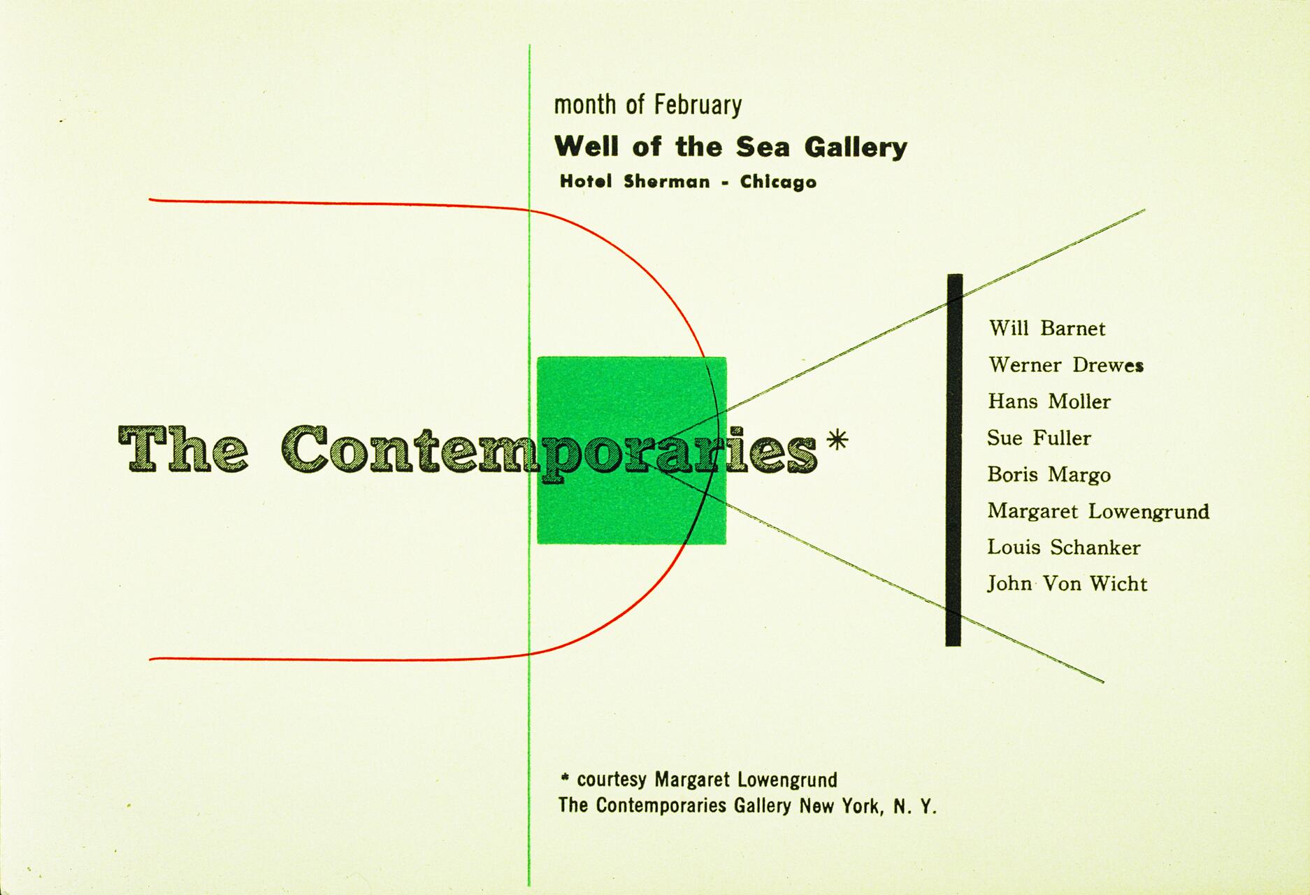 Exhibition poster for "The Contemporaries" at Well of the Sea Gallery, Chicago. Features artist names and abstract green and red design elements.