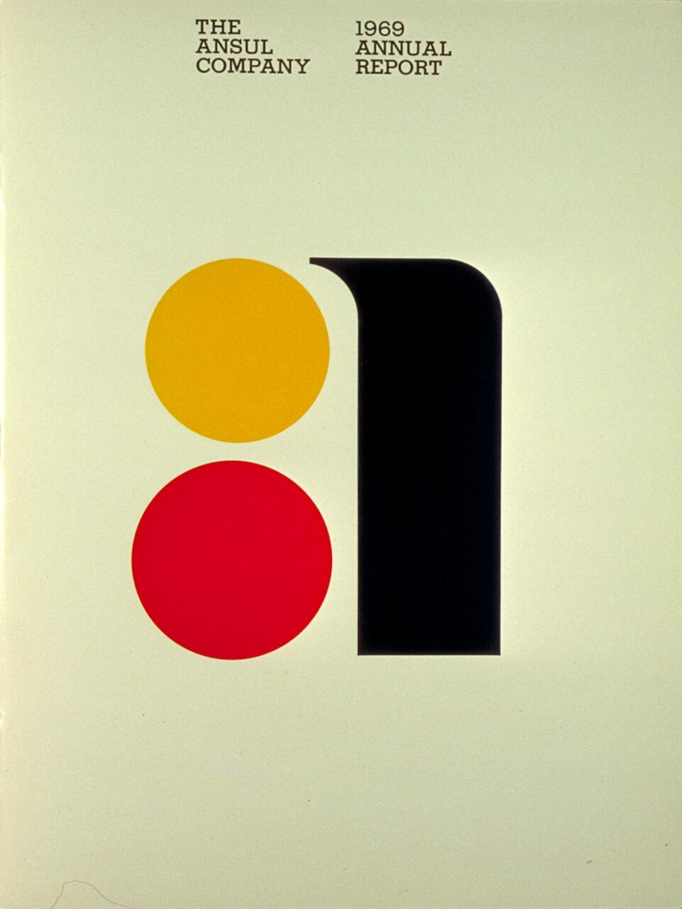 1969 annual report cover for The Ansul Company, featuring a minimalistic design with two circles in yellow and red beside a large black shape on a light background.
