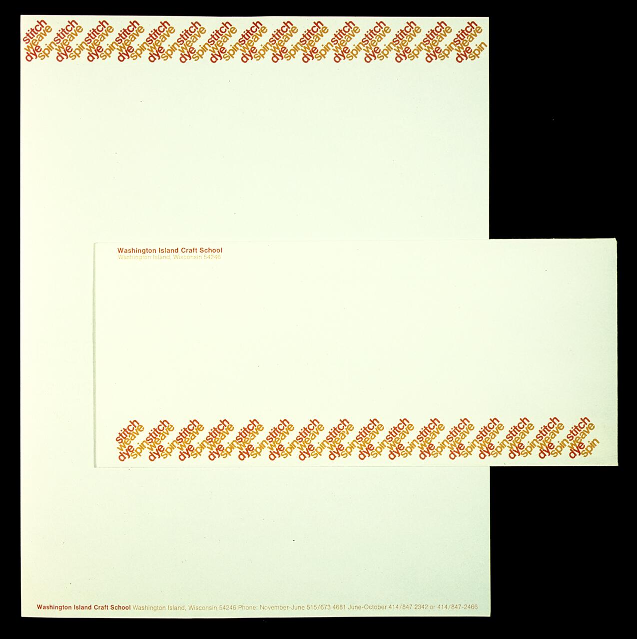 Stationery set with "Washington Island Craft School" letterhead. Decor includes repeated red and orange text "stitch dye print" diagonally across the paper.