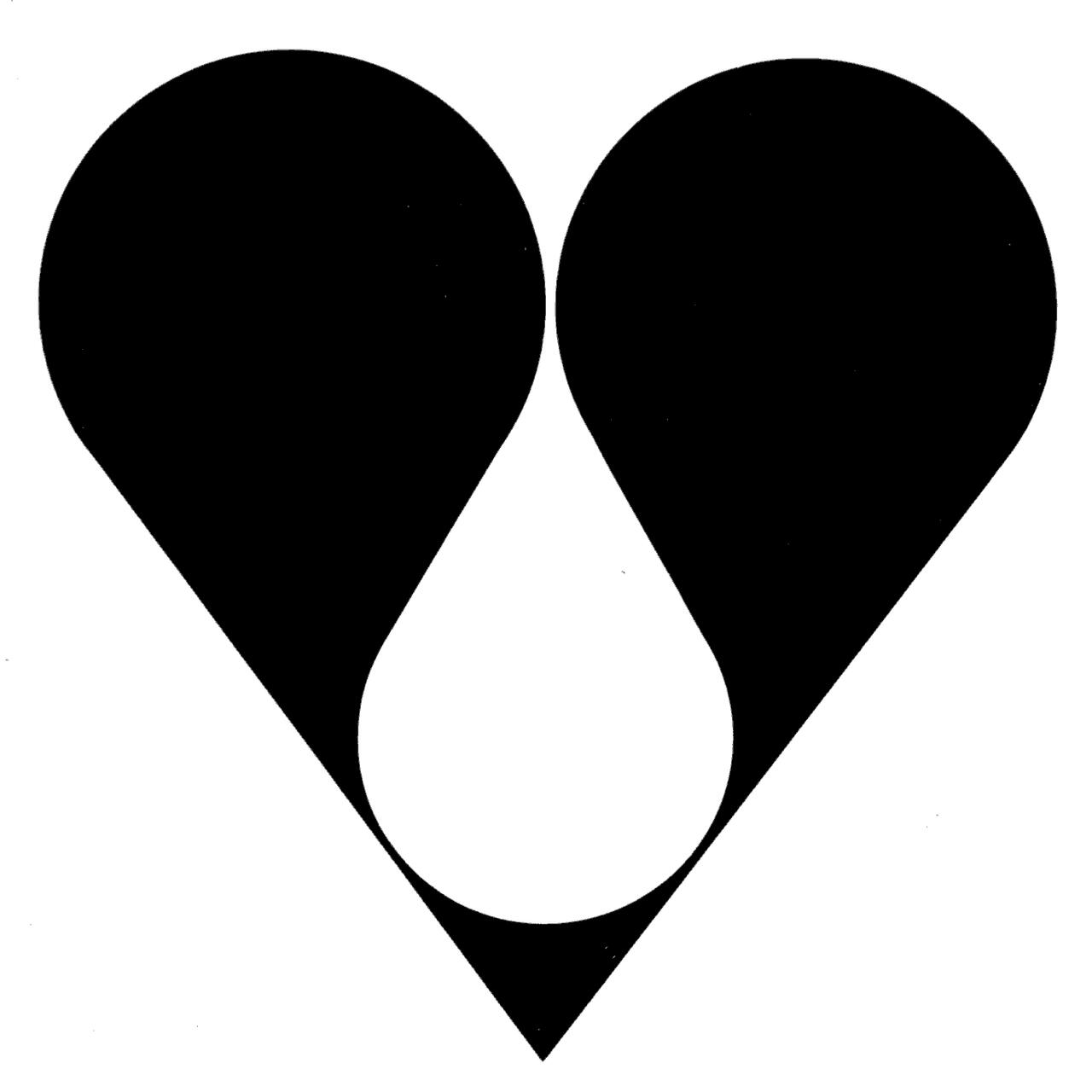 Black heart shape formed by two symmetrical tear-drop shapes, against a white background.