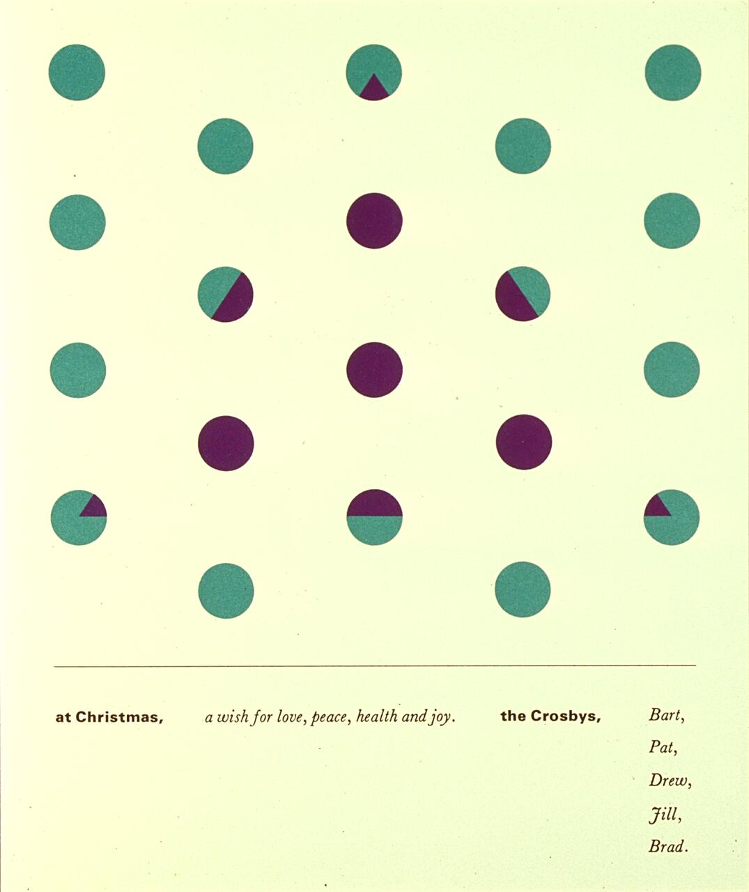 Colorful graphic with alternating rows of teal and purple circles. Some circles are half teal, half purple. Text below with a holiday message and names.