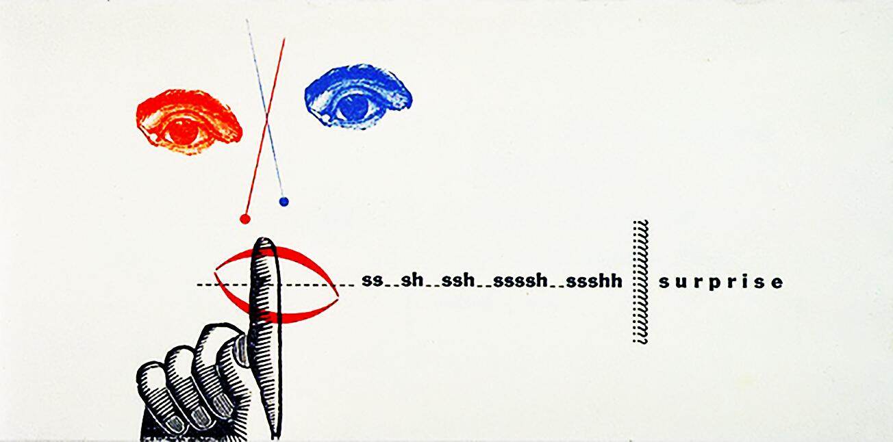 Abstract artwork with red and blue eyes, a finger on lips suggesting silence, and the words "ss...sh...sshh...sssshh...ssshh surprise."