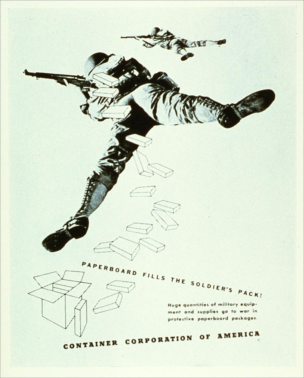 Soldiers with parachutes carrying paperboard packages, promoting Container Corporation of America. Stylized drawing shows boxes falling in formation with soldiers.