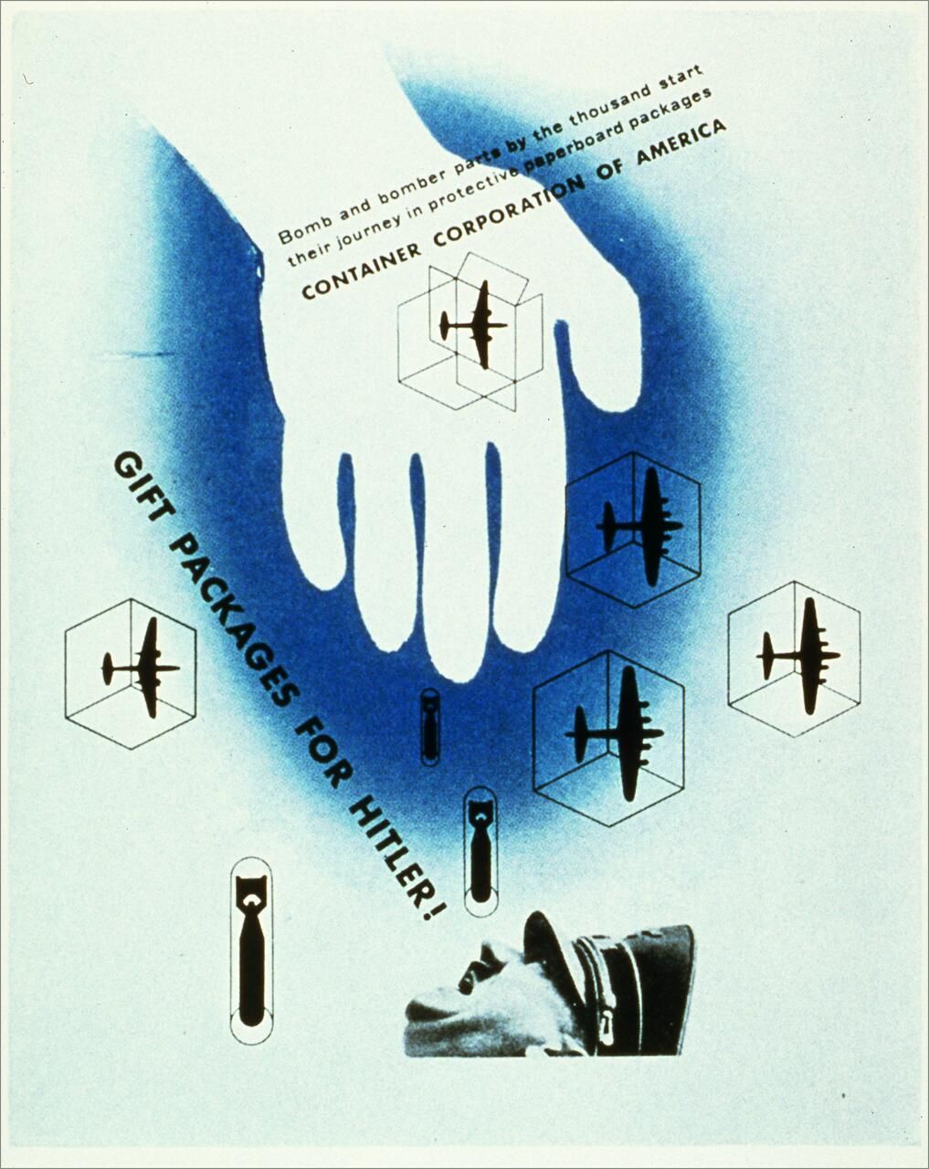 A propaganda poster with a large white hand over a blue background, containing images of planes and bombs inside hexagonal shapes. A caricature of a man in uniform is at the bottom. Text accompanies the design, suggesting opposition in tone.