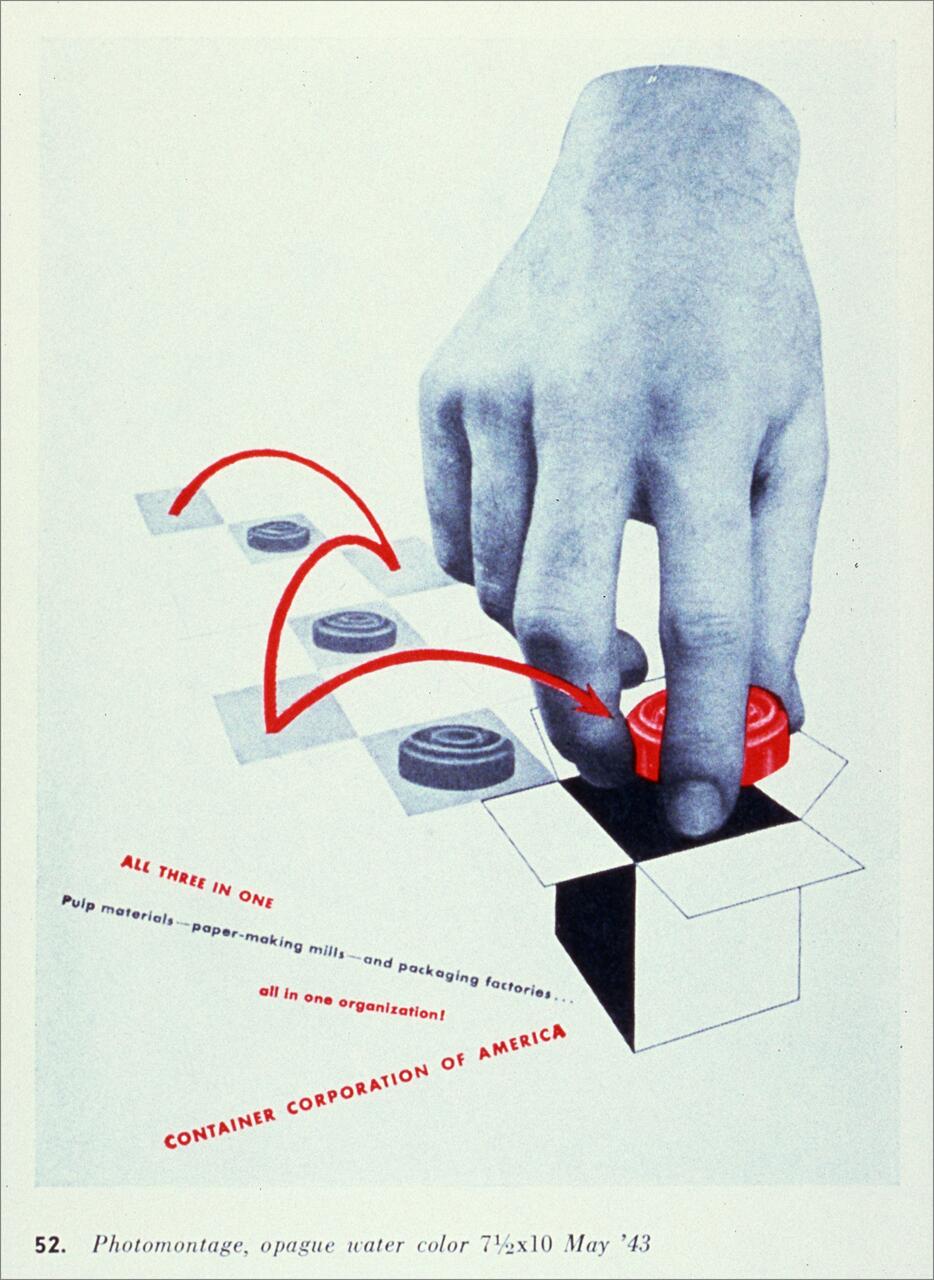 A surreal photomontage showing a large hand placing a red button inside a grid of boxes, with arrows indicating motion. The artwork features red text detailing the "Container Corporation of America" and includes abstract elements.