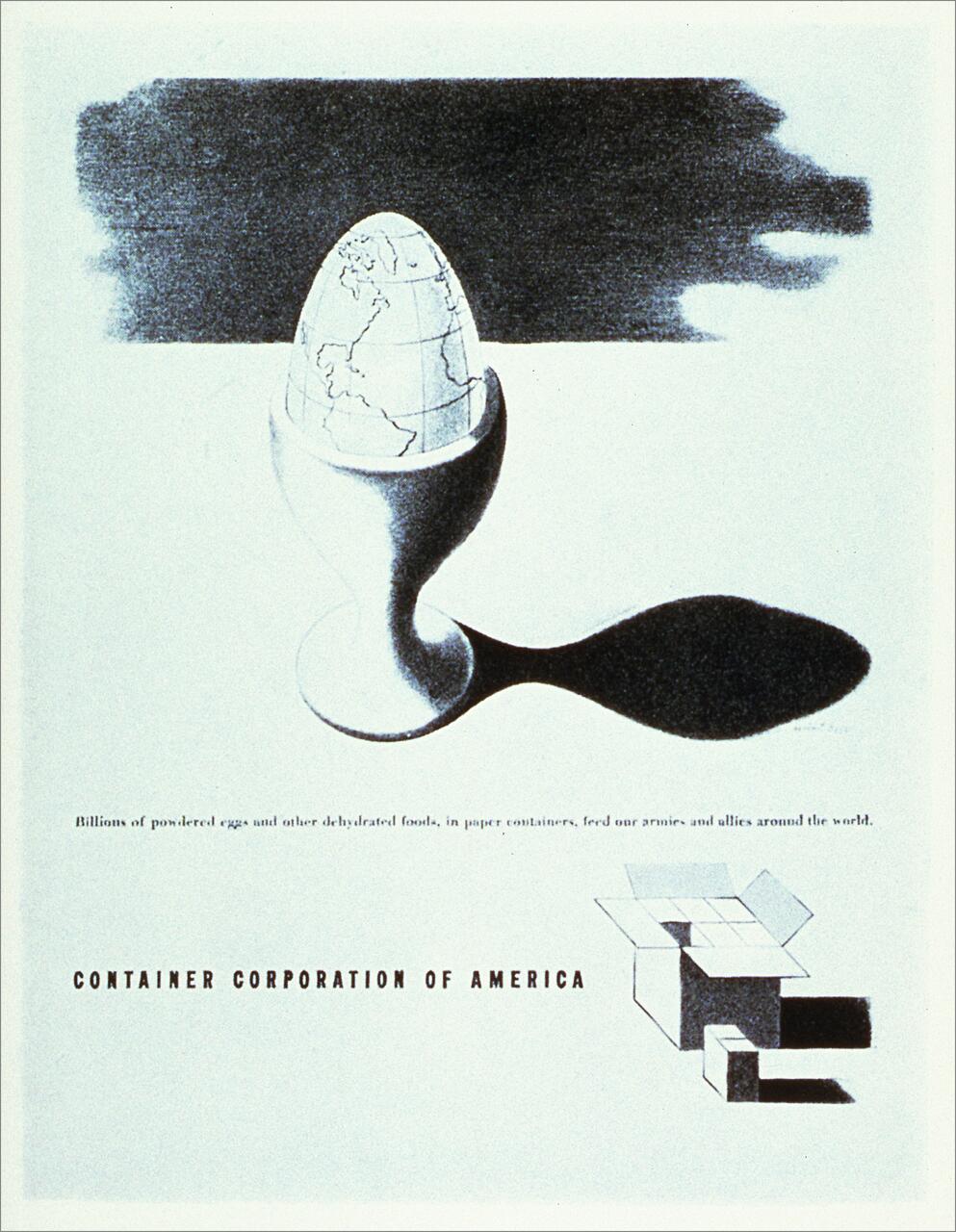 A globe with a geographic map is placed in an egg cup, casting a shadow, with a text promoting the Container Corporation of America beneath.