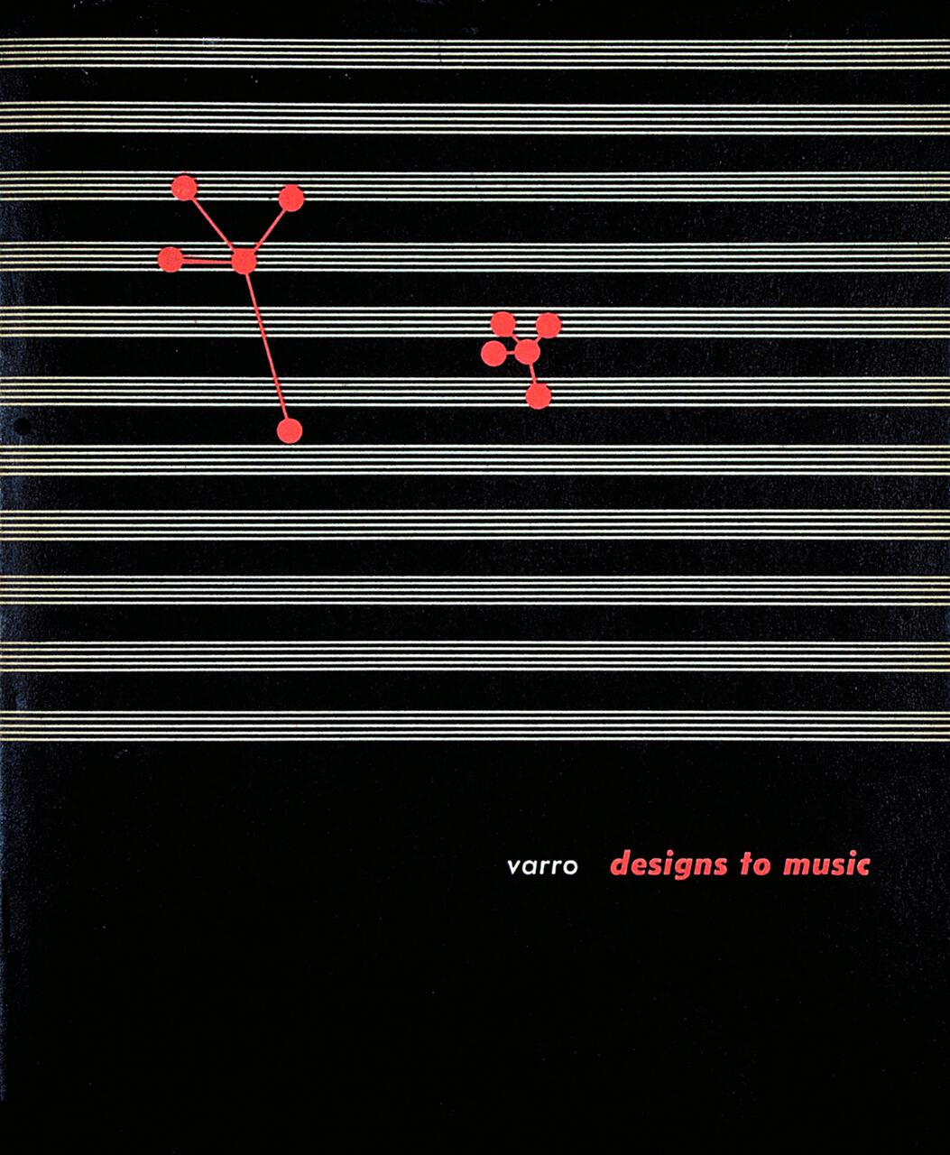 Black cover with white staff lines and red geometric shapes resembling constellations. The text "varro designs to music" is at the bottom in contrasting colors.