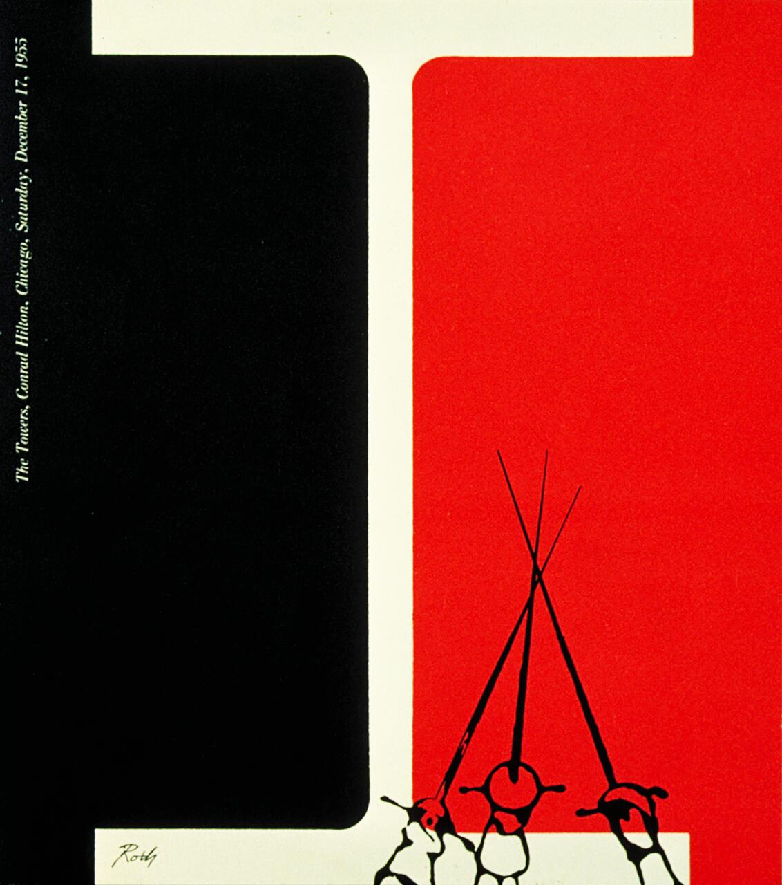 Bold red and black design with a large white letter "T" in the center. Three fencing swords cross near the bottom, creating a striking contrast. Simple text on the left edge.