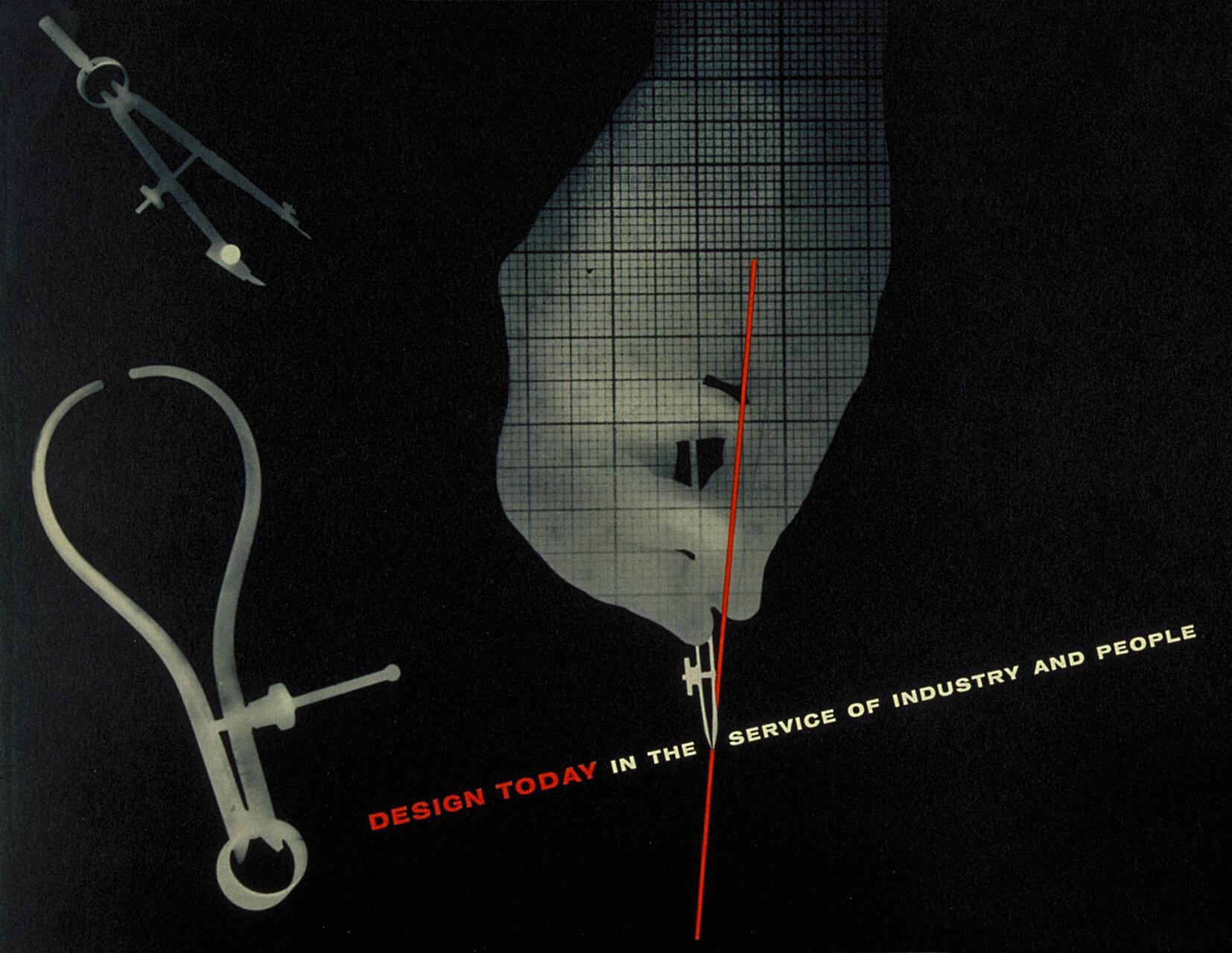 Abstract graphic featuring geometric tools on a black background. A grid-filled hand holds a compass drawing a red line. White and red text at the bottom expresses a design theme.