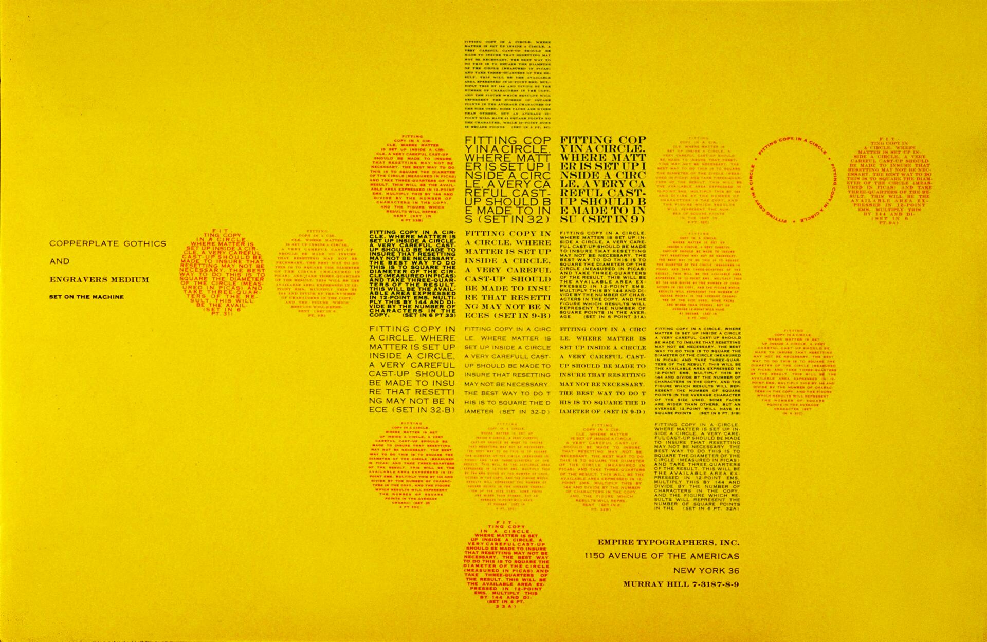 Yellow graphic with various typographic text boxes and red dotted circles, demonstrating different font styles and settings. Black text in the bottom left details "Copperplate Gothics and Engravers Medium."