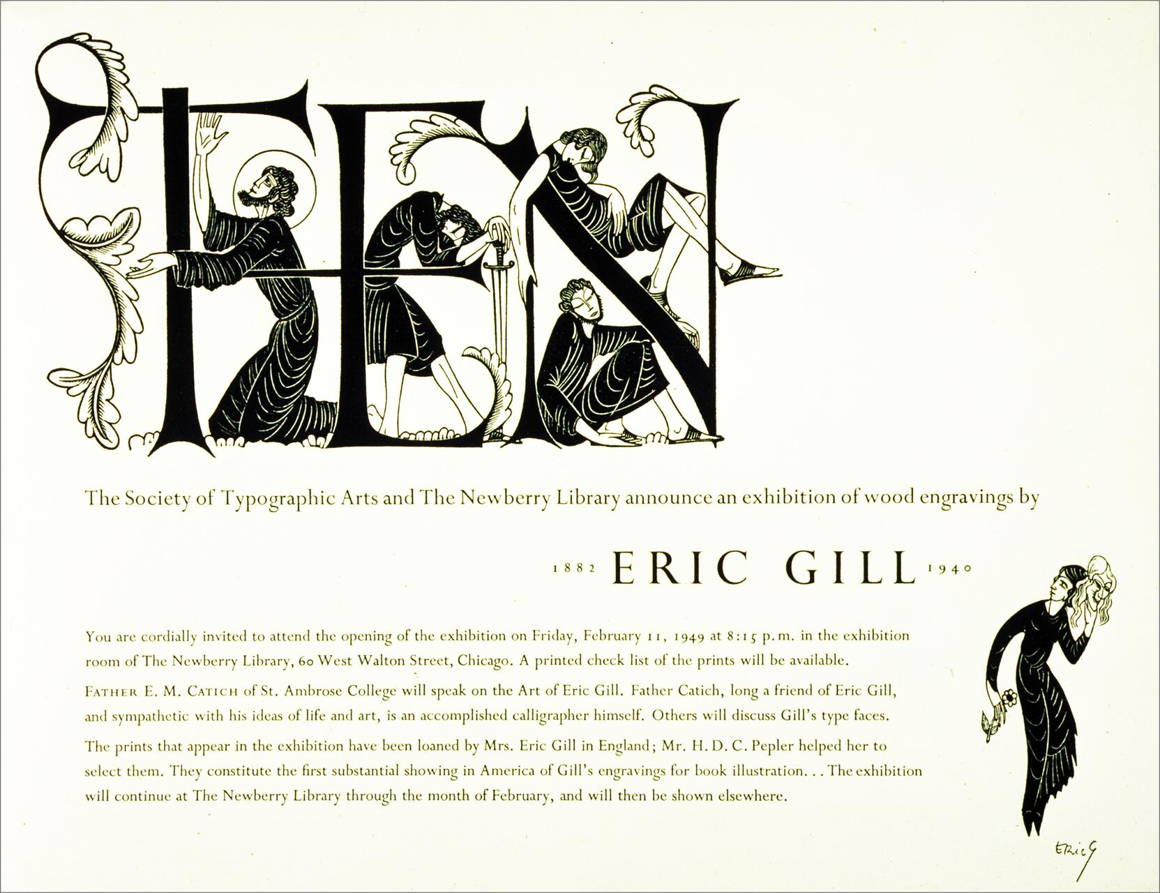 Stylized black and white illustration depicting humans integrated into the word "TEN," created by Eric Gill for an exhibition. Formal invitation text below, with decorative elements and serif font, detailing an art event.