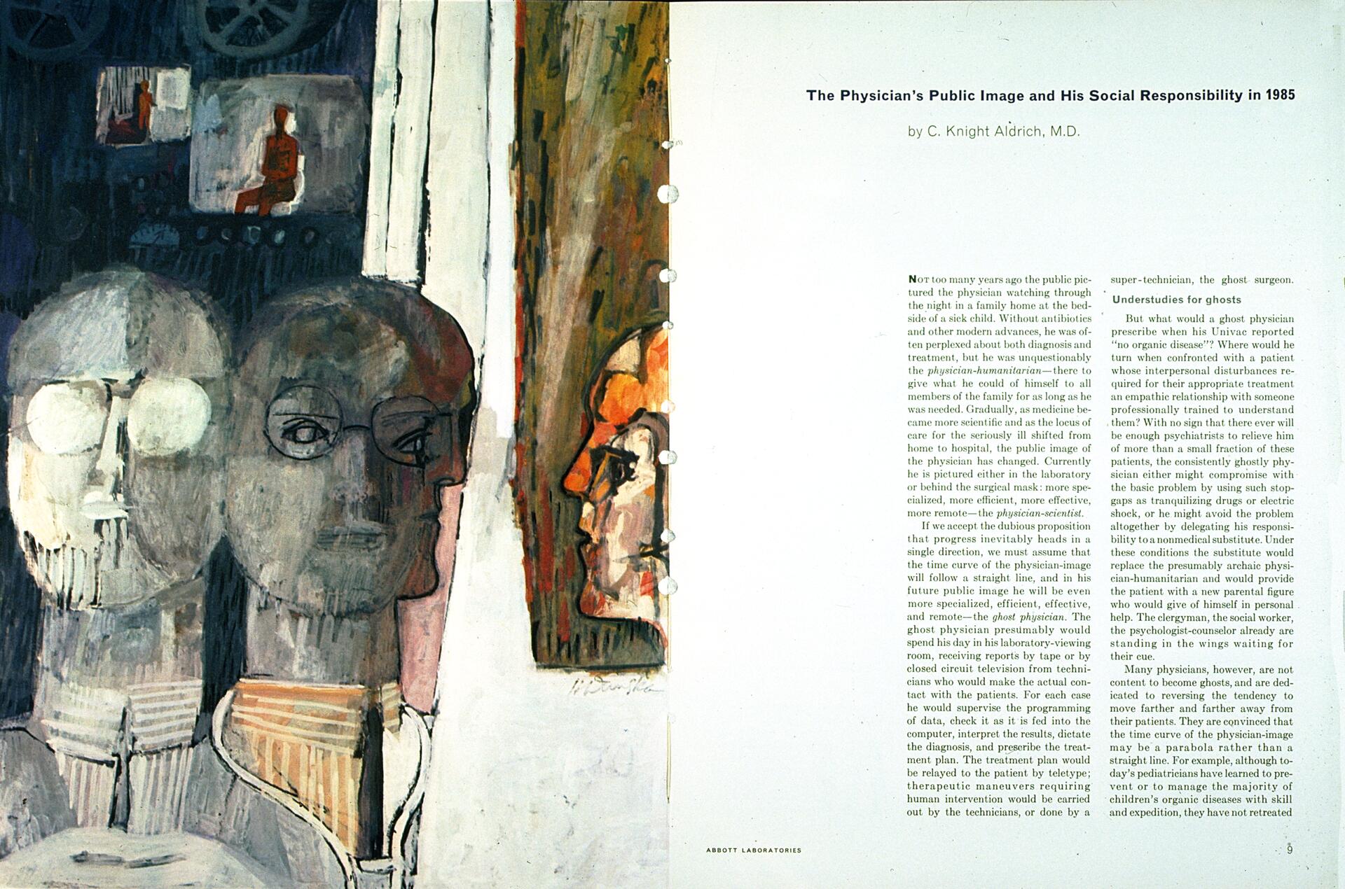 Abstract painting depicts three faces, one in profile, with muted colors on the left. On the right, an open magazine features an article titled "The Physician’s Public Image and His Social Responsibility in 1985" by C. Knight Aldrich, M.D.