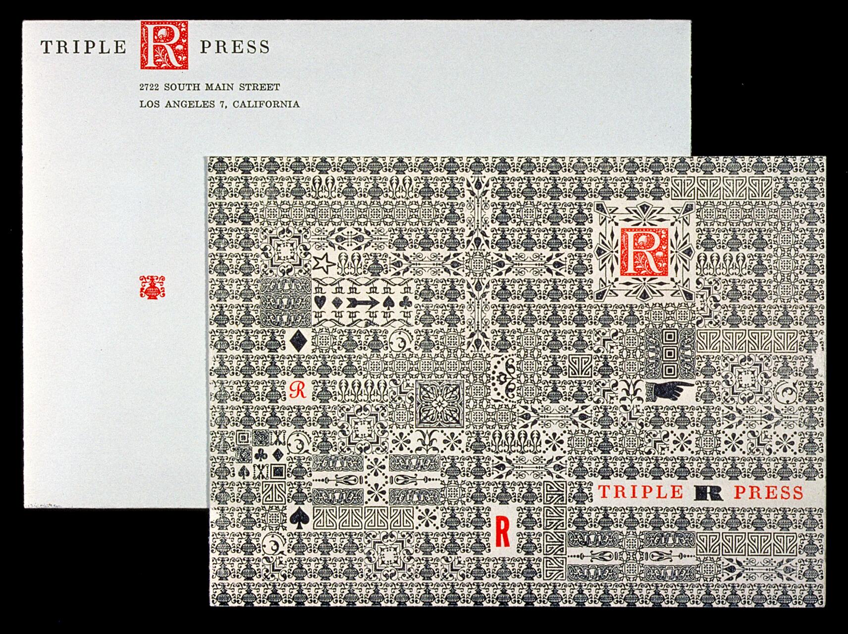 Stationery with intricate black patterns and red "R" logos for Triple R Press, featuring address details in Los Angeles.