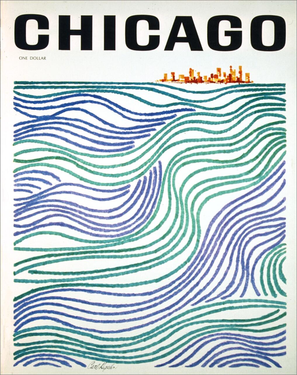 The word "CHICAGO" above wavy blue and green lines resembling water, with a small orange skyline silhouette at the top.