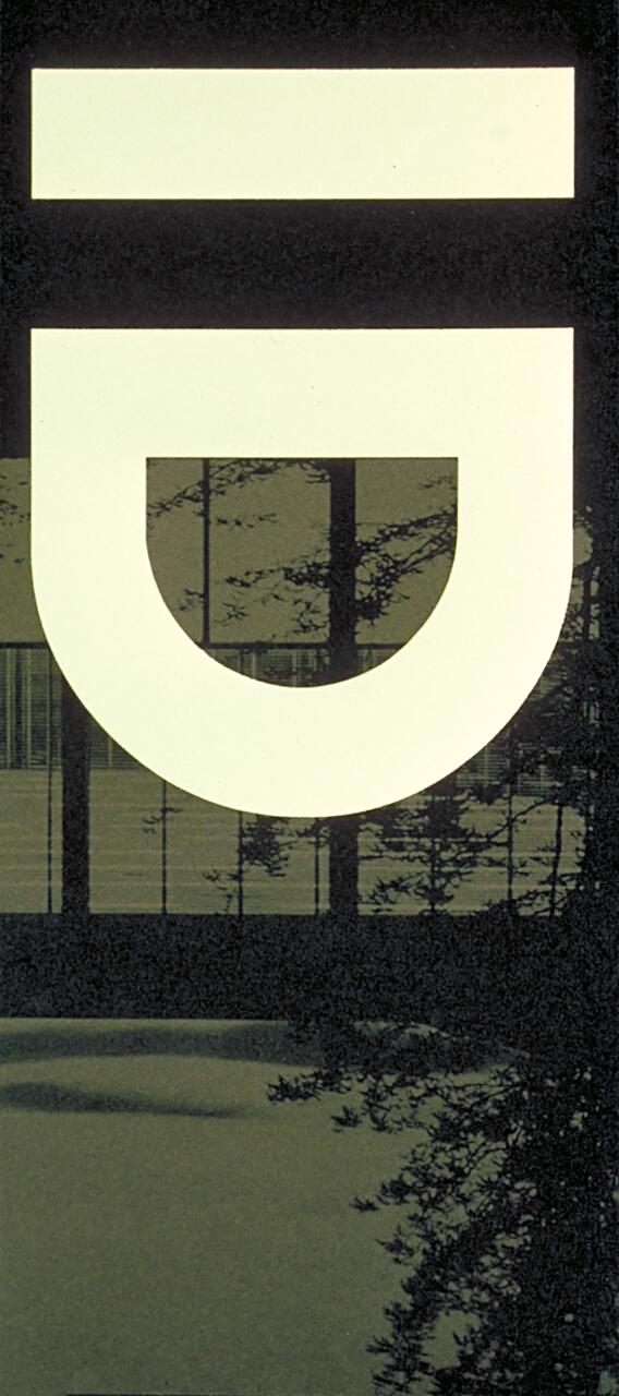 Stylized white geometric shape resembling a letter "U" with a horizontal bar above, on a textured, dark background with faint images of trees and a grid-like structure.