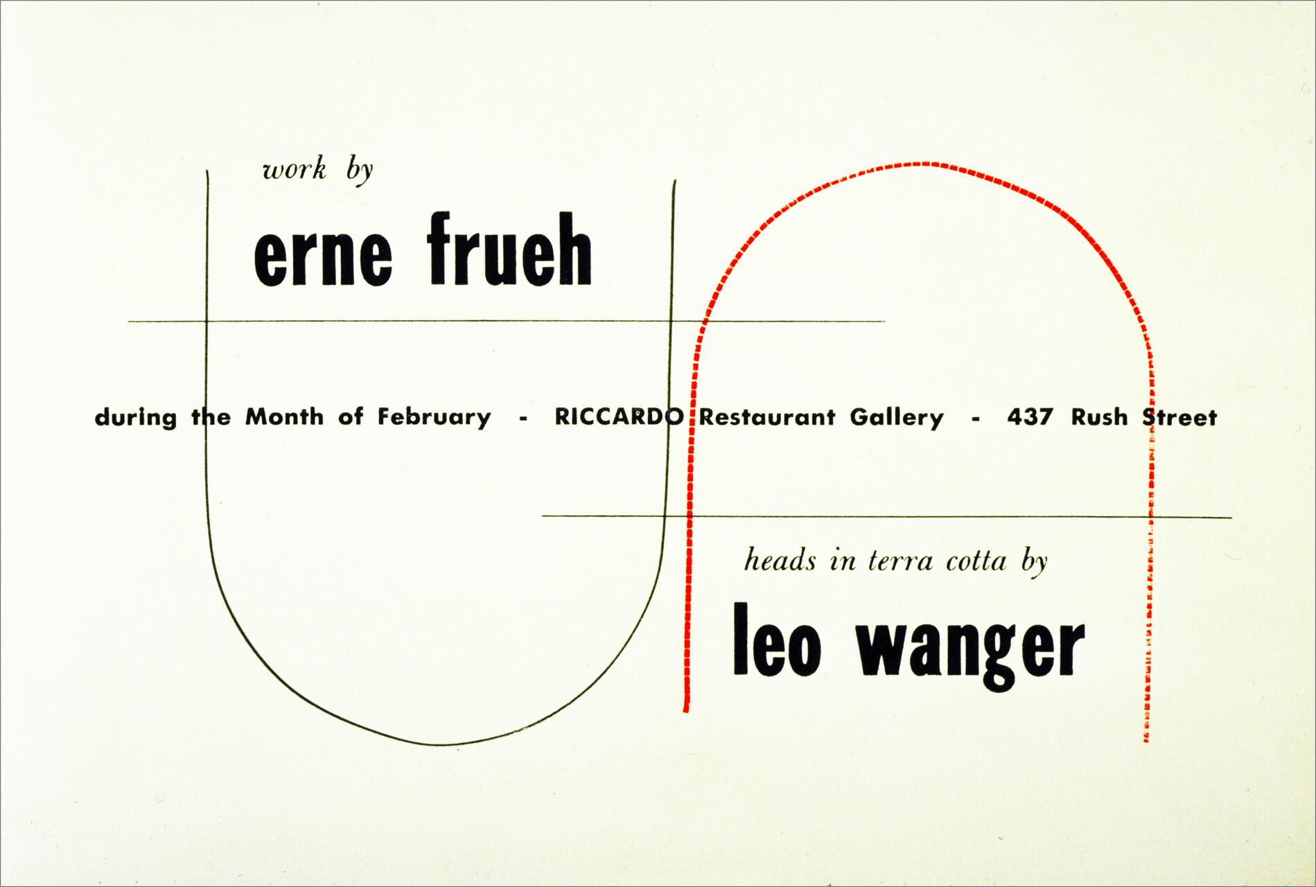 Exhibition flyer with text detailing an art show by Erne Frueh and Leo Wanger at Riccardo Restaurant Gallery. Black and red curved lines create abstract shapes.