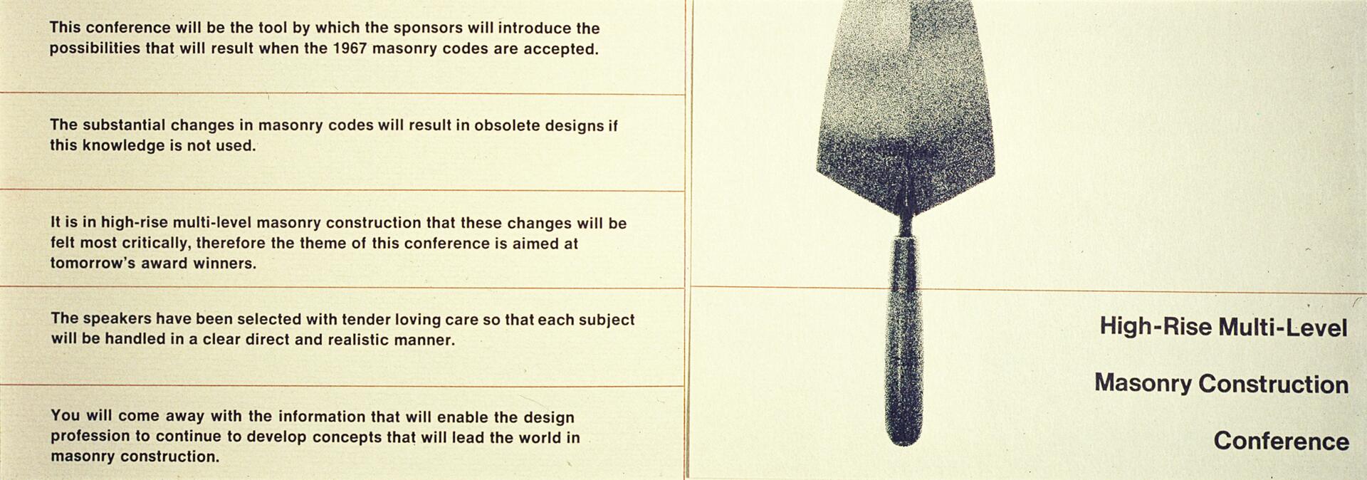 A conference pamphlet with masonry tools depicted and text describing the importance of updated masonry codes for high-rise construction.