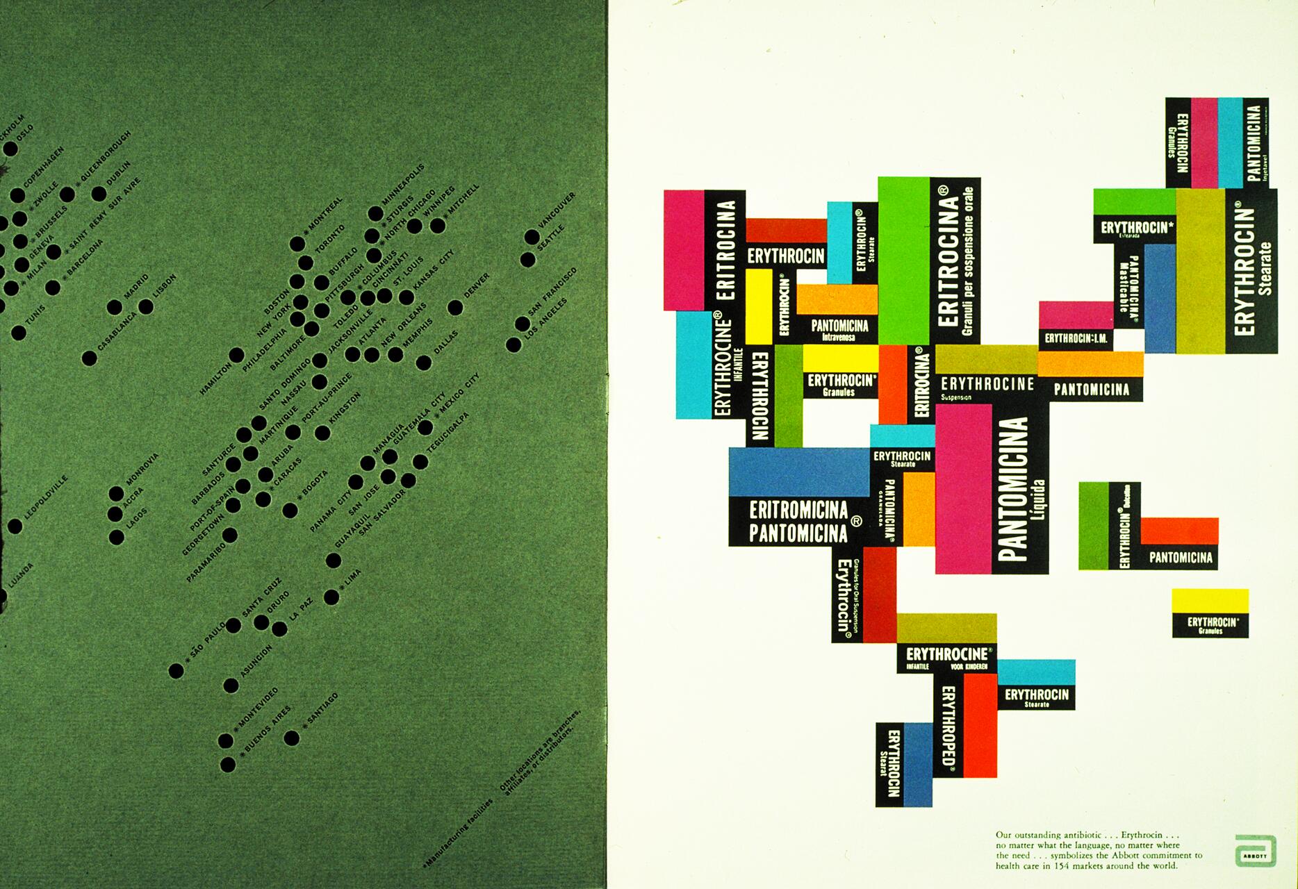 Collage graphic with green background on the left featuring city names and black dots. Right side shows colorful boxes with the words "Erythrocin" and "Pantomicina" in various languages. Abbott logo in the bottom right.