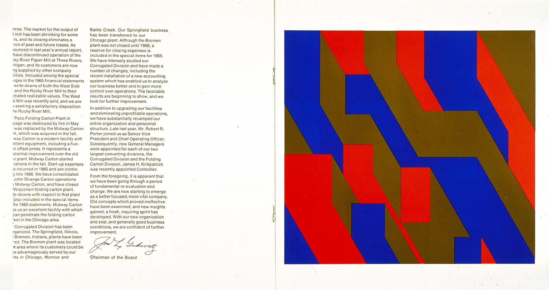 Left page features text and signature from the Chairman of the Board. Right page shows abstract geometric art with red, blue, and brown shapes creating a zigzag pattern.