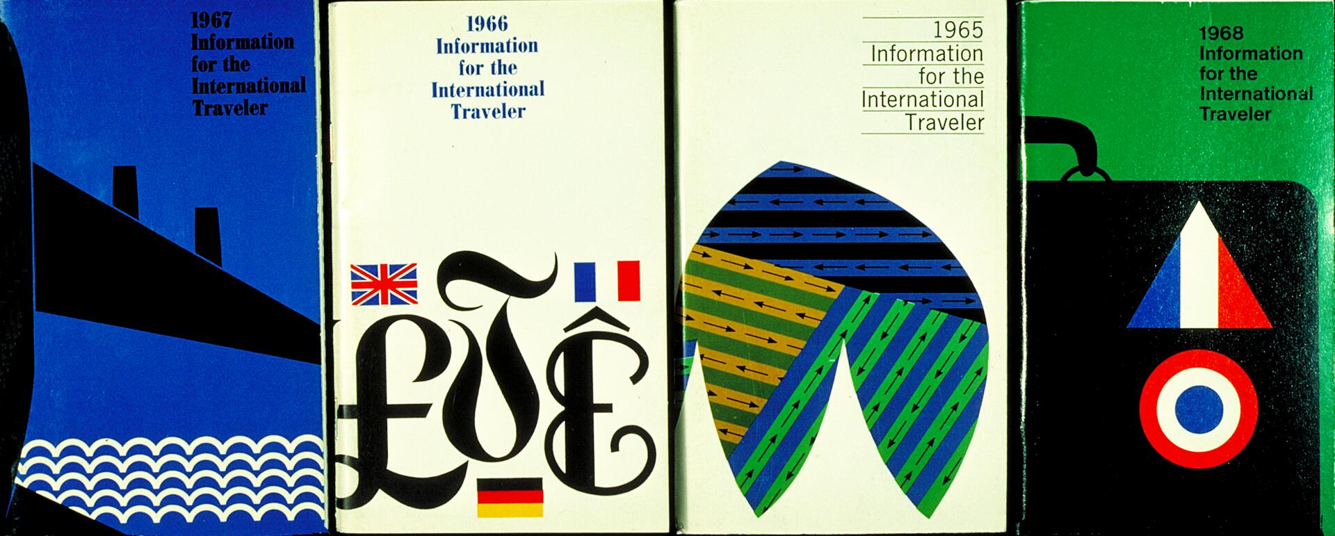 Four vintage travel brochure covers for 1965-1968. Each has distinct bold graphics: a ship and waves, currency symbols and flags, abstract arrows, and a suitcase with French colors.
