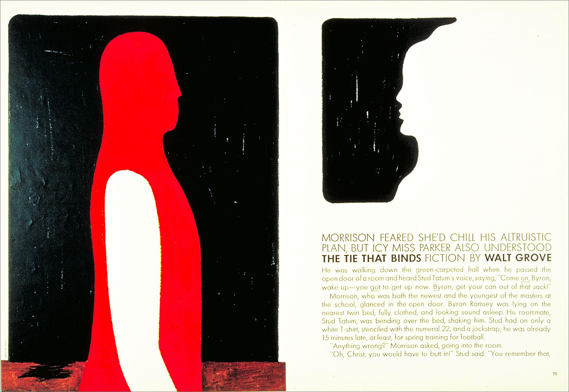 A silhouette of a person in red and white on a black background is on the left side, facing another silhouette in black on the right. Text with a story excerpt in the bottom right.