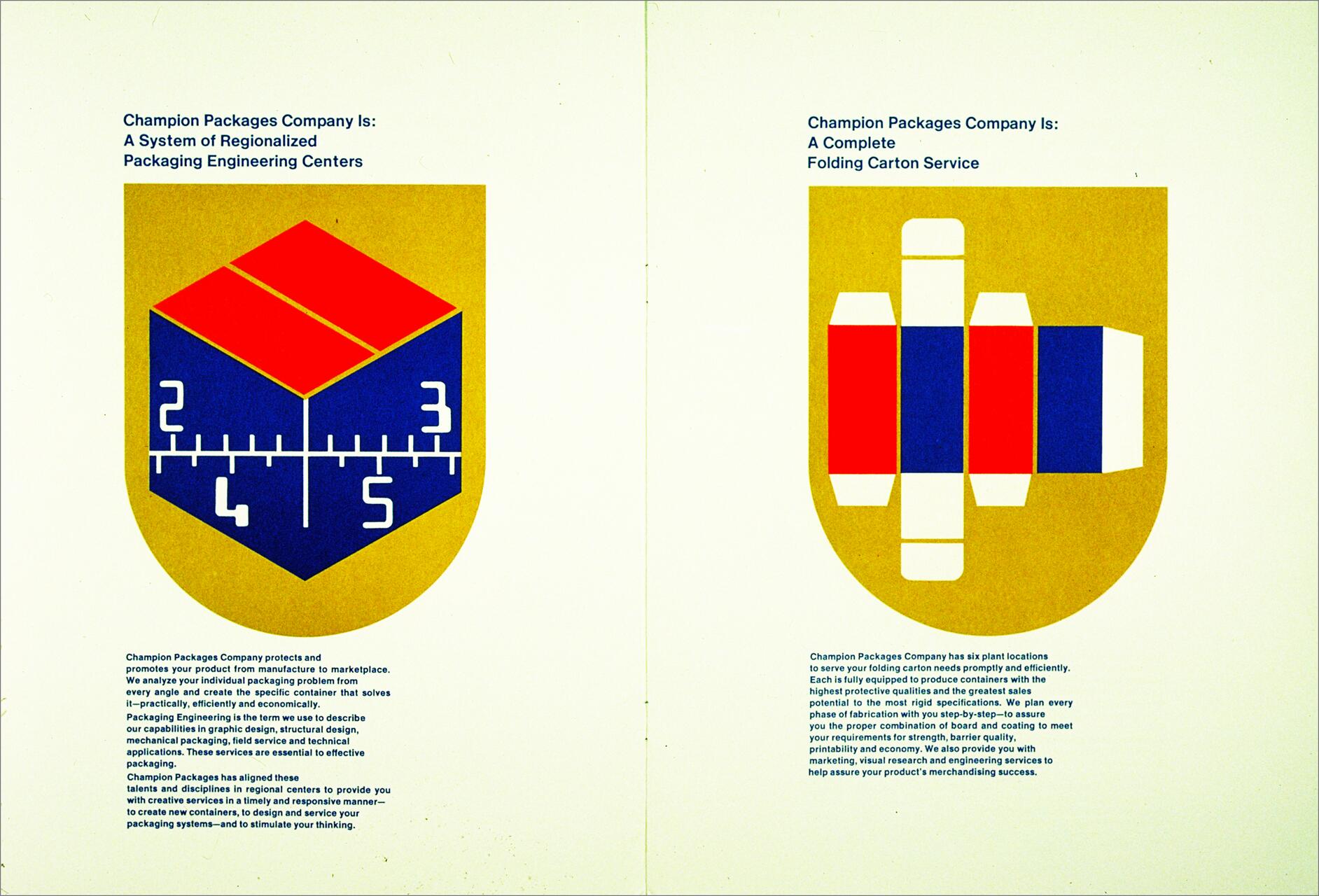 Two colorful shields on a white background. The left shield features a geometric cube with numbers and a ruler motif, while the right shield displays a blue and red folding carton design. Both shields are labeled with text above and descriptions below.