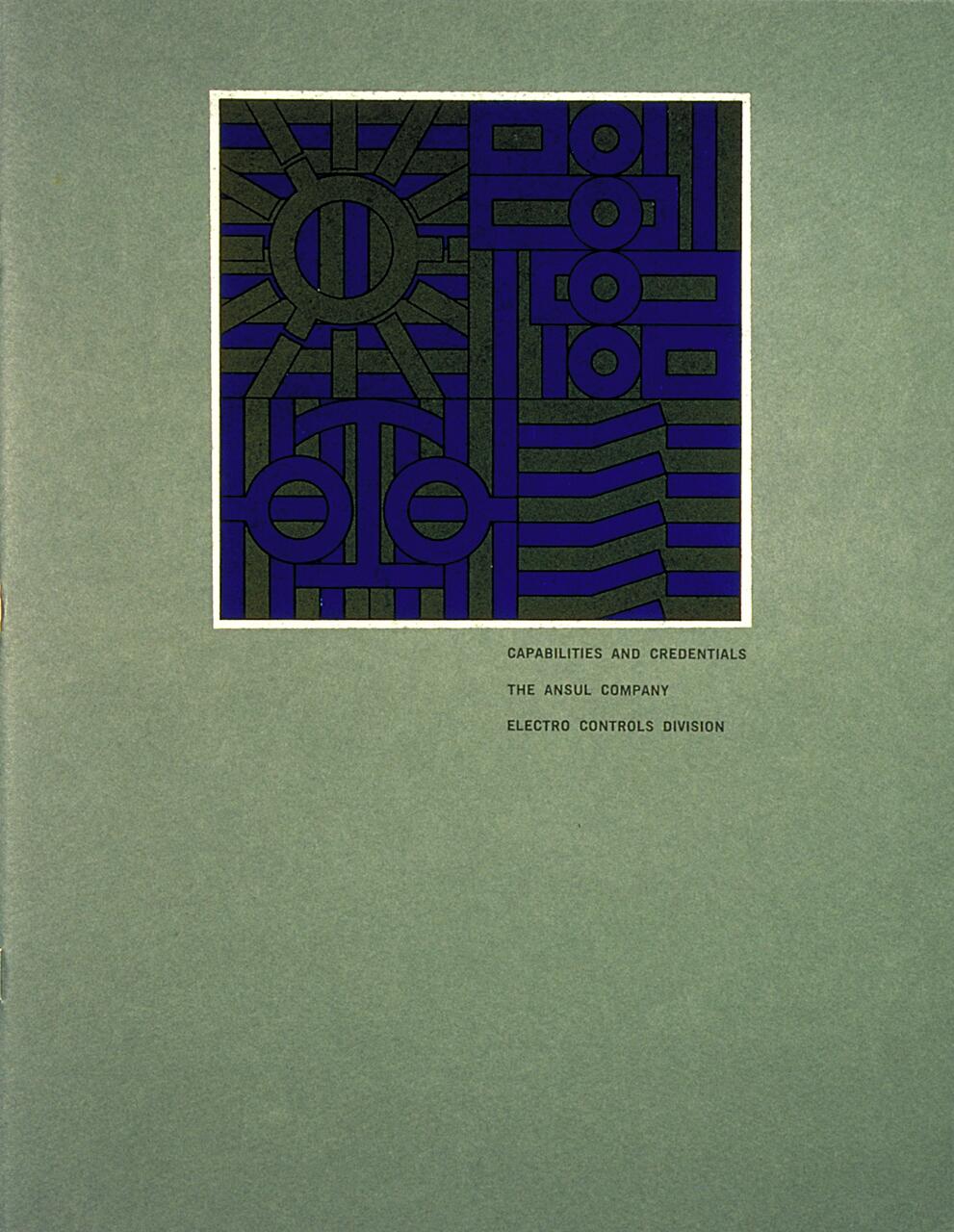 Abstract geometric design with circular and rectangular shapes in black and blue on a gray background, featuring the text "CAPABILITIES AND CREDENTIALS, THE ANSUL COMPANY, ELECTRO CONTROLS DIVISION" below the design.