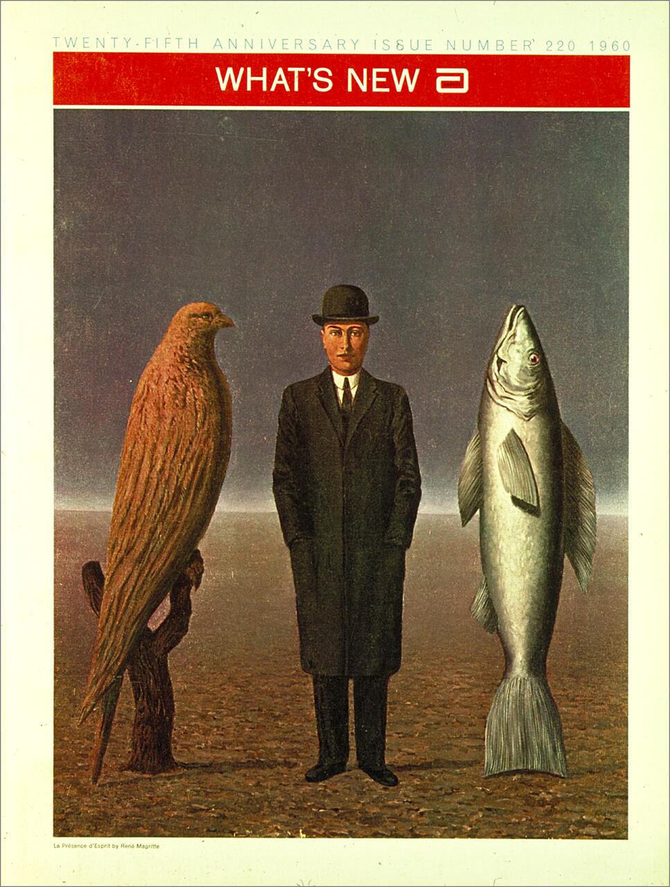 A surreal artwork showing a man in a suit and bowler hat standing between a large bird and a large fish on a barren landscape.
