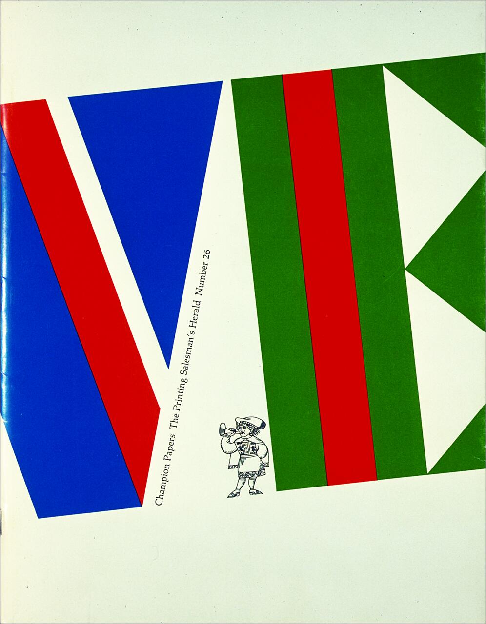 Bold geometric design with large V and B shapes in blue, red, and green, on a white background. A small, detailed illustration of a character in vintage attire blows a horn beneath the letters.