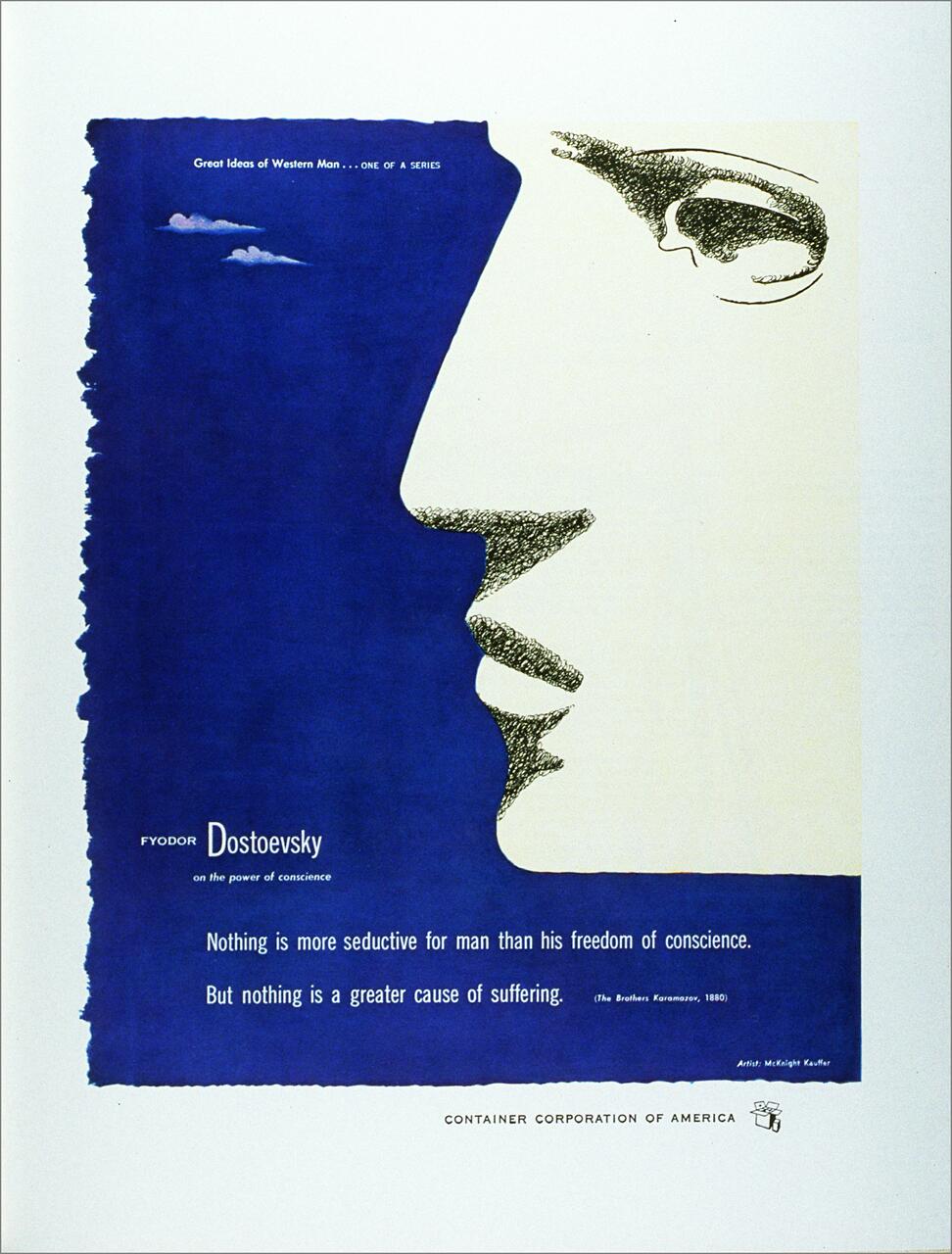 Abstract poster with a blue silhouette of a face in profile and a quote from Fyodor Dostoevsky about the power of conscience, featuring artistic text arrangement on a white background.