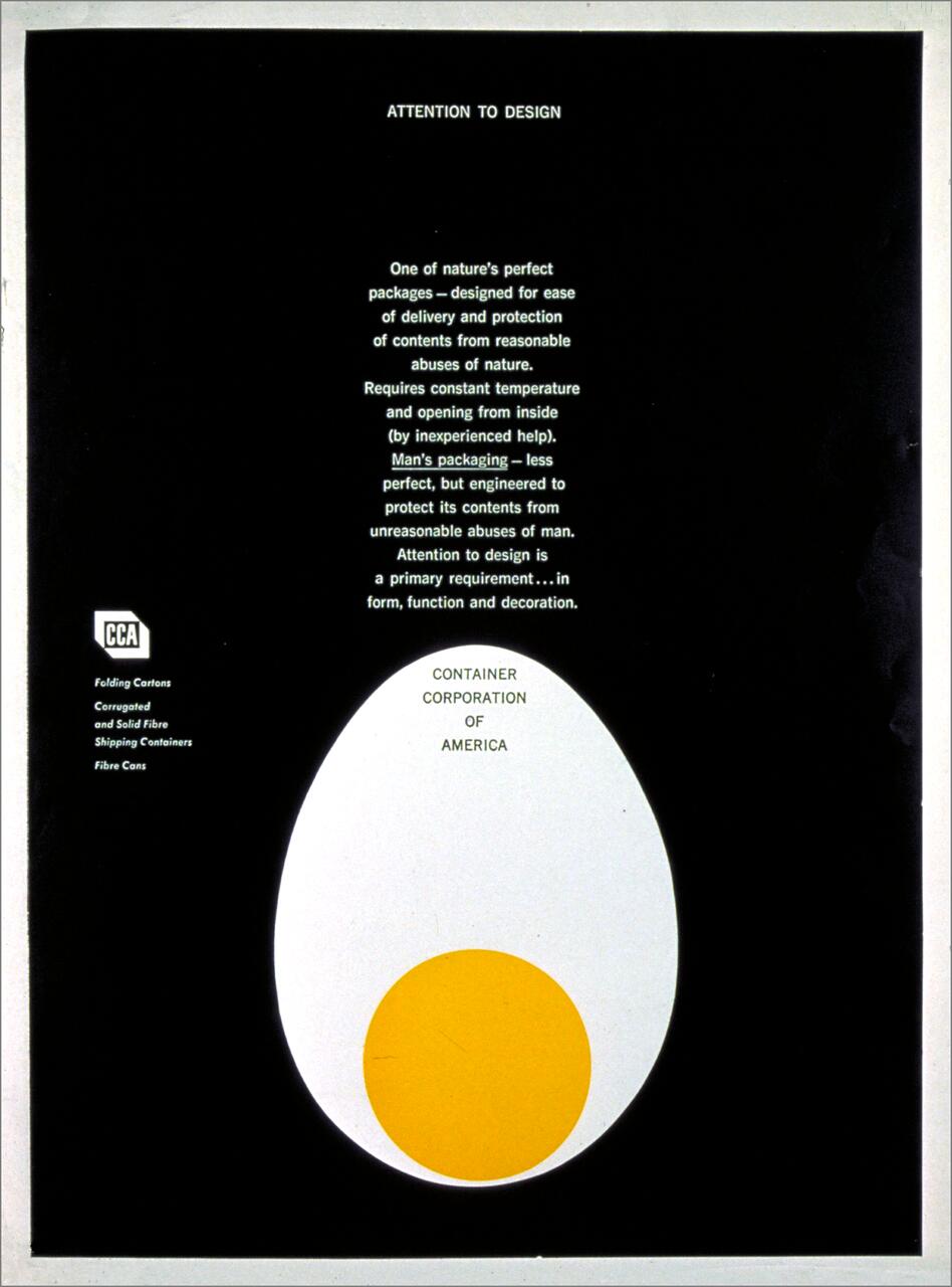 A black and white graphic with a large white egg shape and a yellow yolk at the bottom. The text "Container Corporation of America" is on the egg. A paragraph above discusses design and packaging concepts.