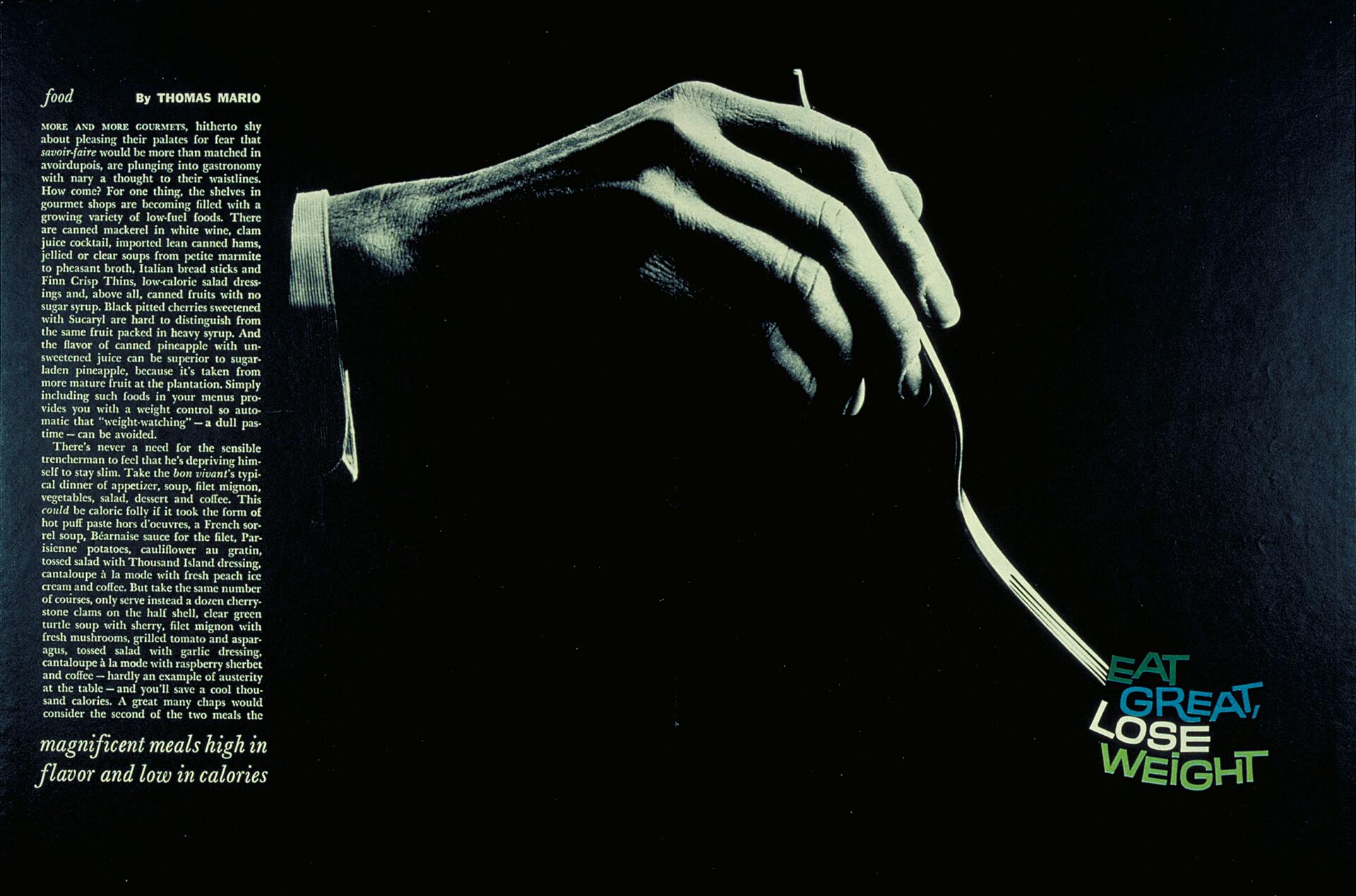 A monochromatic photograph of a hand holding a fork on a dark background. The text "EAT GREAT, LOSE WEIGHT" is in blue and green near the fork's tip. Adjacent is an article with the heading "food By THOMAS MARIO."