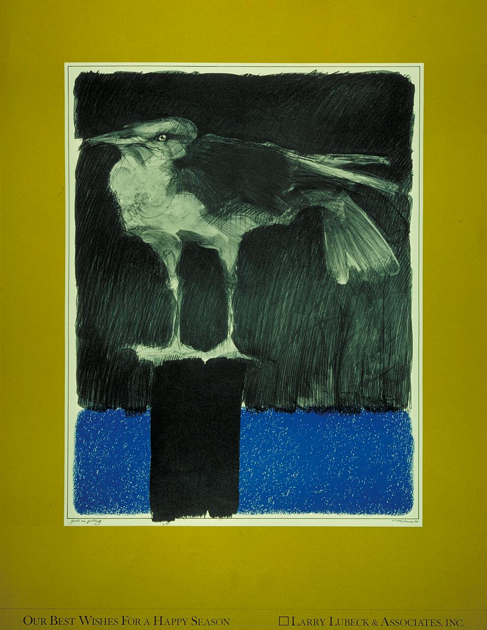 Drawing of a large bird with dark feathers, standing against a textured background of black and vibrant blue, enclosed in a gold border.