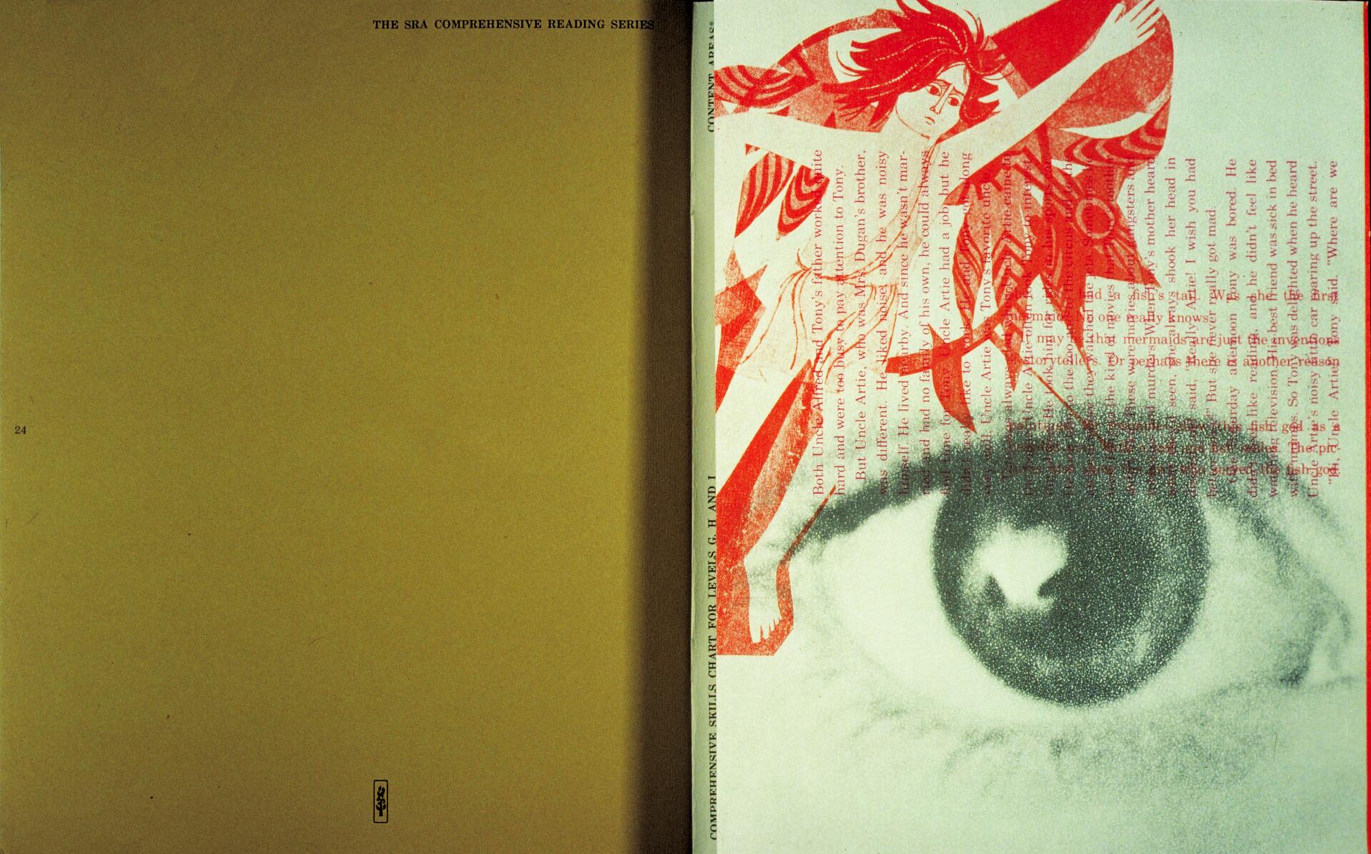 Graphic cover with a large eye illustration overlaid with red text and an abstract figure with flowing hair. The left side is plain beige with minimal text.