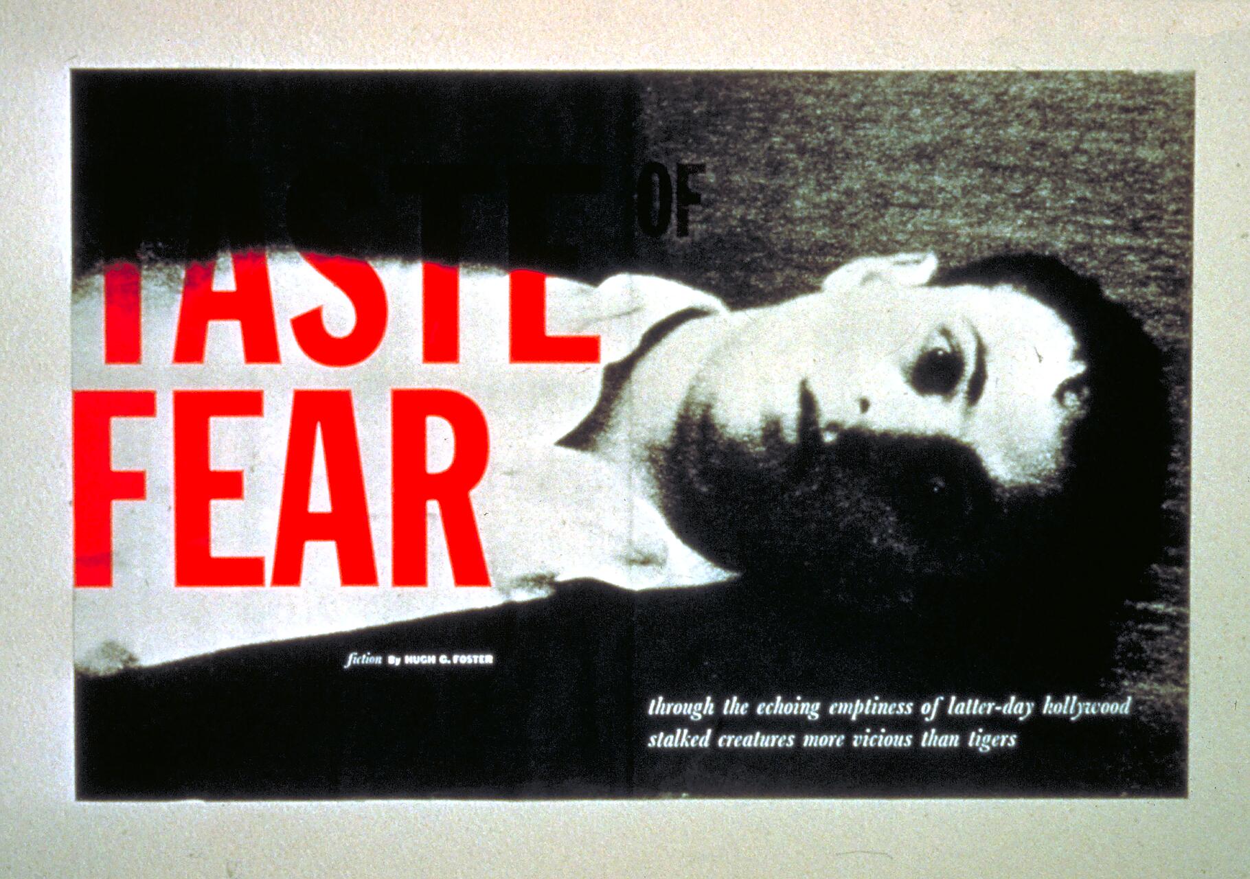 A vintage book cover titled "Taste of Fear" in bold red and black letters, featuring a black-and-white image of a person's face with a tense expression.