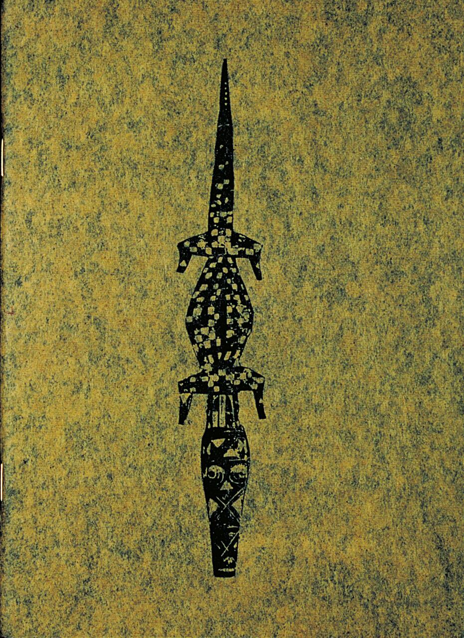 Abstract black geometric pattern resembling a stylized sword with intricate designs on a textured yellow background.