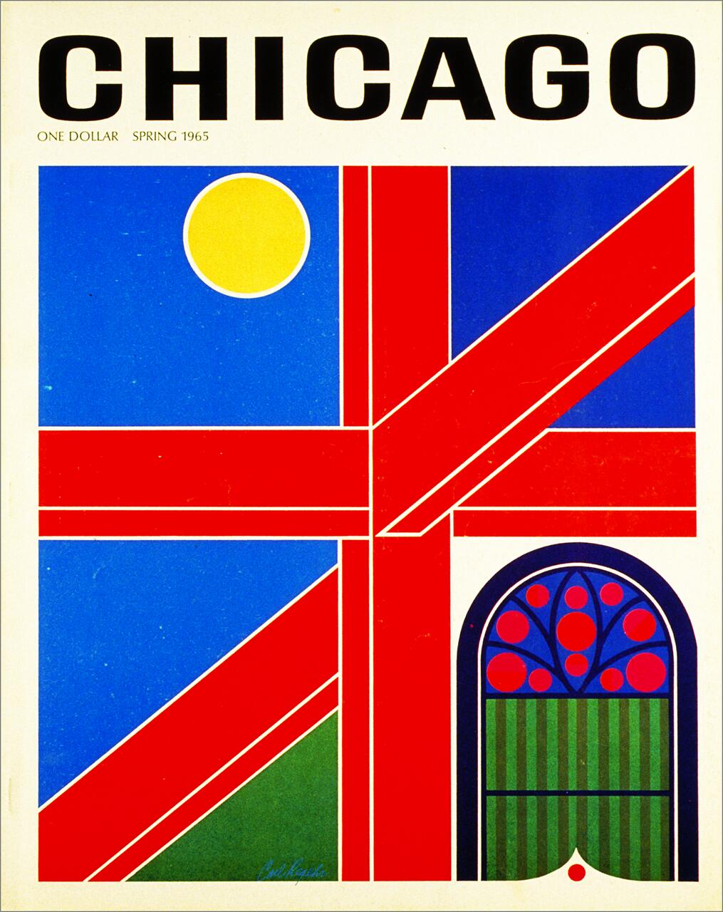 Graphic design featuring a stylized abstract composition with bold red, blue, and green shapes. A yellow circle contrasts against the blue background, with a decorative arch containing circles and vertical green stripes in the bottom right.