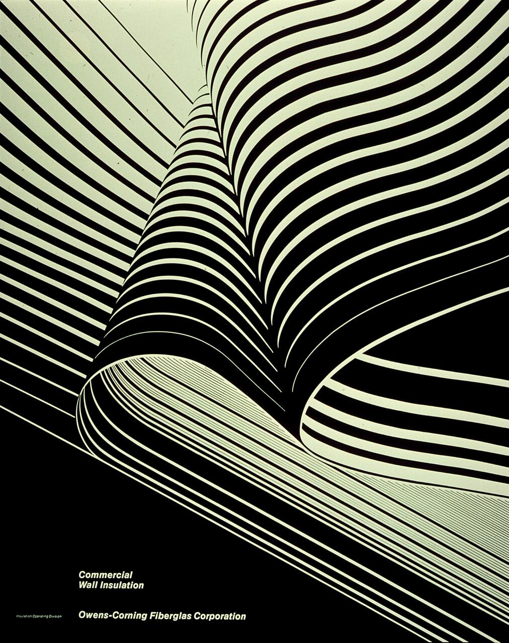 Abstract graphic with curved black and white stripes creating a flowing, wave-like pattern, resembling a fabric fold or architectural structure. Includes text for Owens-Corning Fiberglas Corporation.