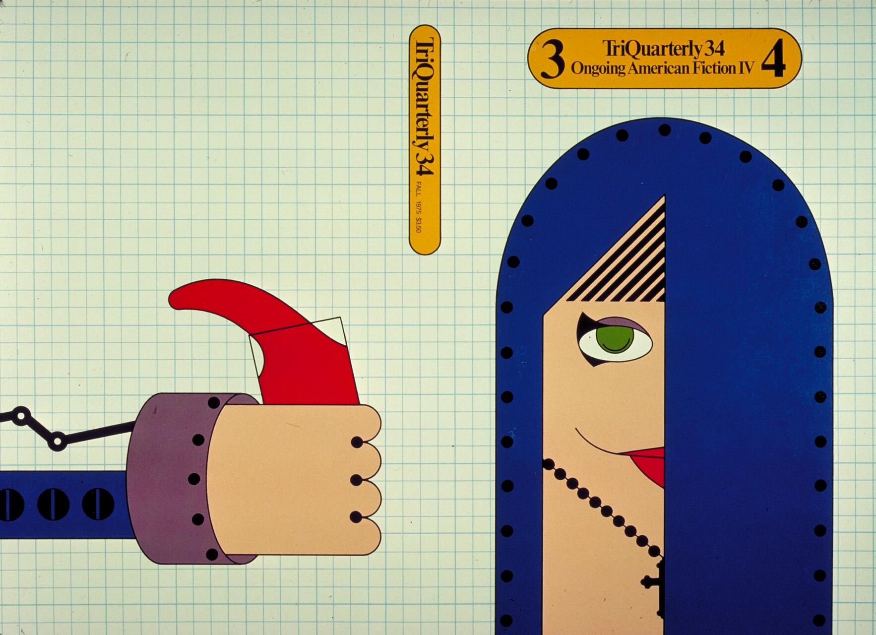 Graphic with a robotic arm holding a red object beside an abstract woman's face. The woman has green eyes and red lips, partially obscured by a blue border with black dots. Background is a light grid pattern.