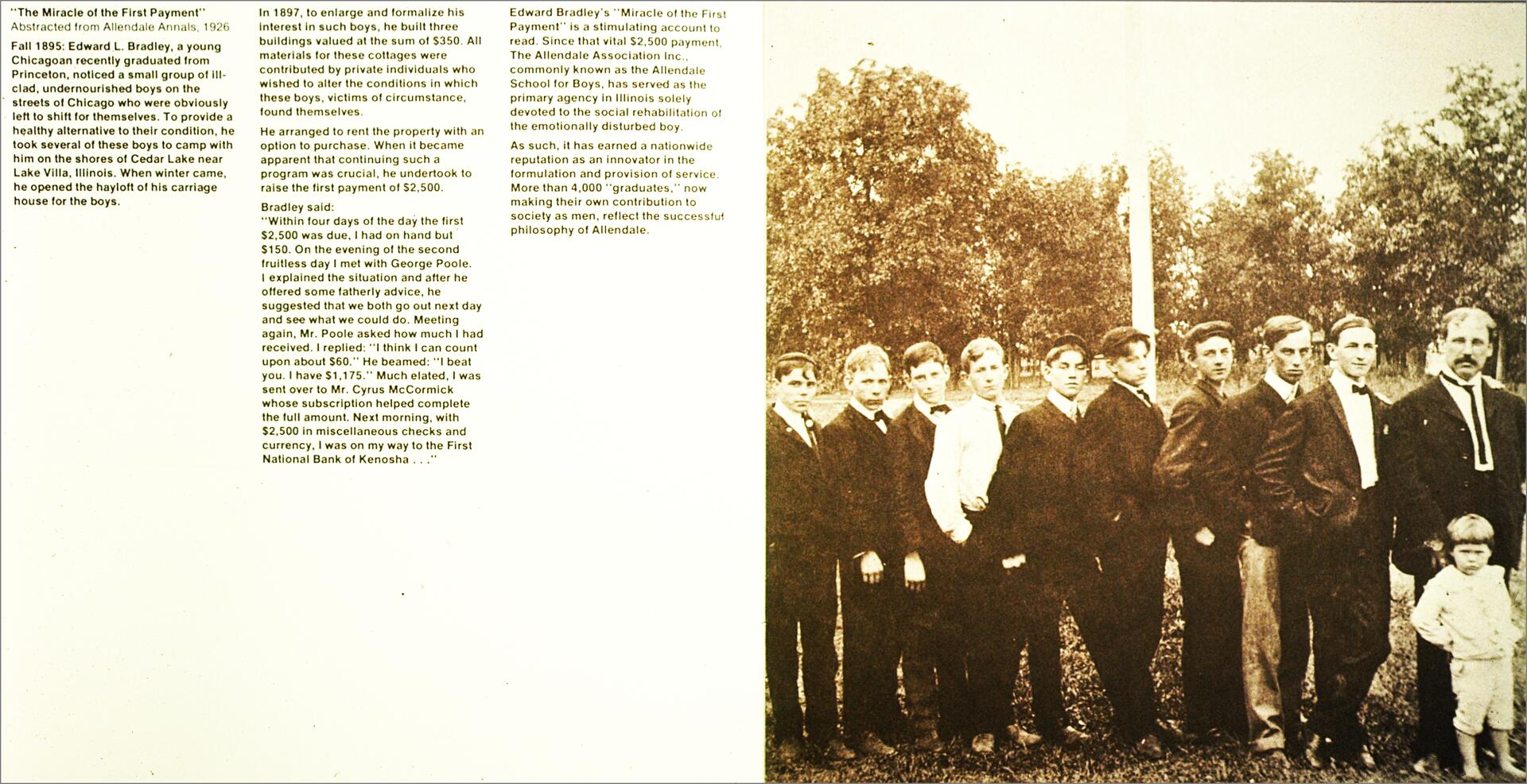 Sepia-toned photograph of ten boys and an adult standing in a line outdoors, possibly in the late 1800s. The adult, wearing a suit, stands at the right end, next to a child. Trees fill the background under a clear sky. Adjacent text details Edward Bradley's charitable work.