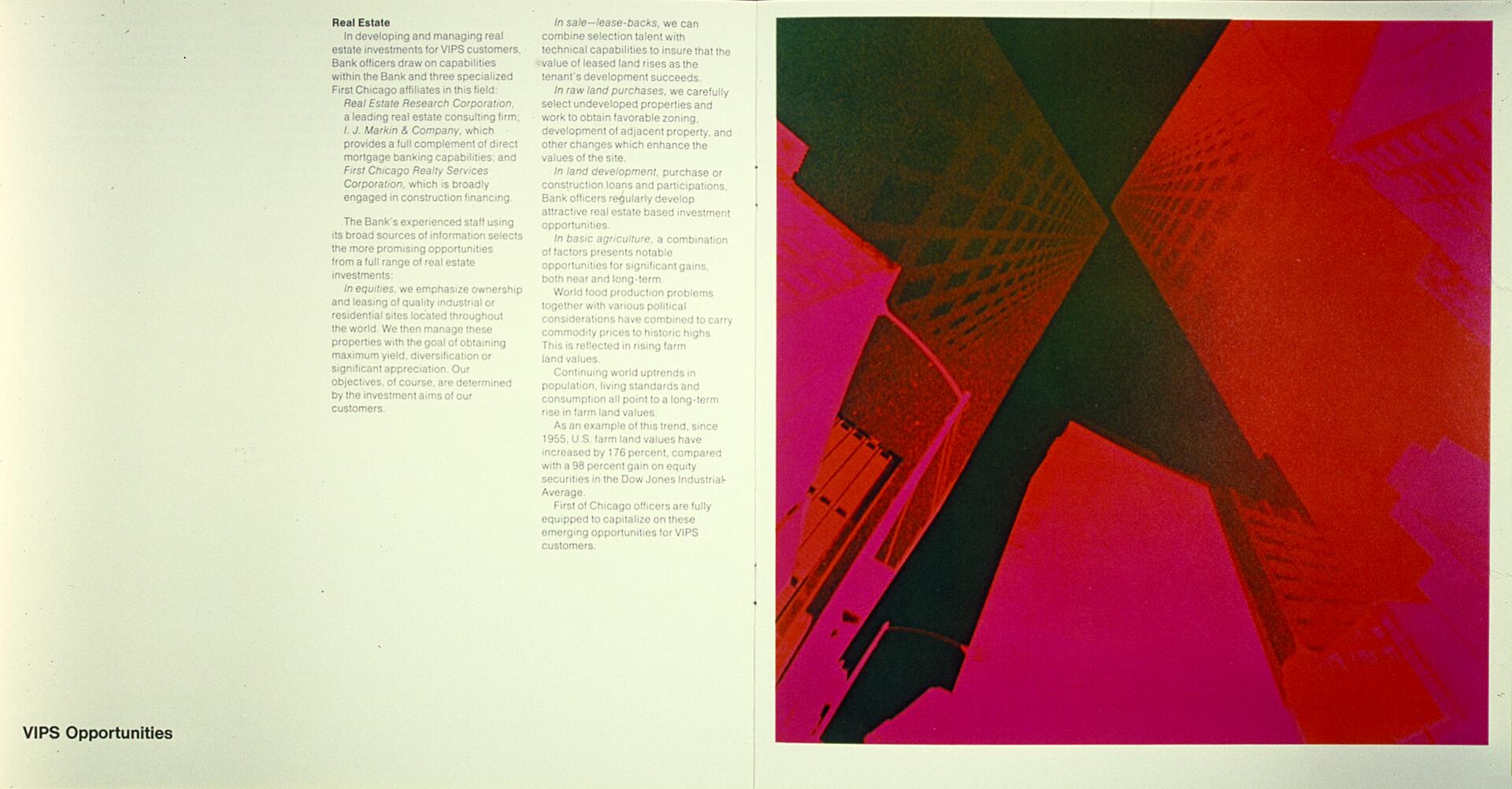 Text-heavy document discussing real estate investment opportunities on left. On right, an abstract, colorful graphic with vibrant pink and red tones depicts skyscrapers from a low-angle perspective.