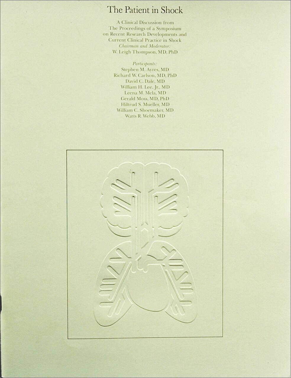 White cover design featuring a stylized embossed outline of a human heart and lungs. Above the design, the title "The Patient in Shock" is displayed with a list of medical participants.