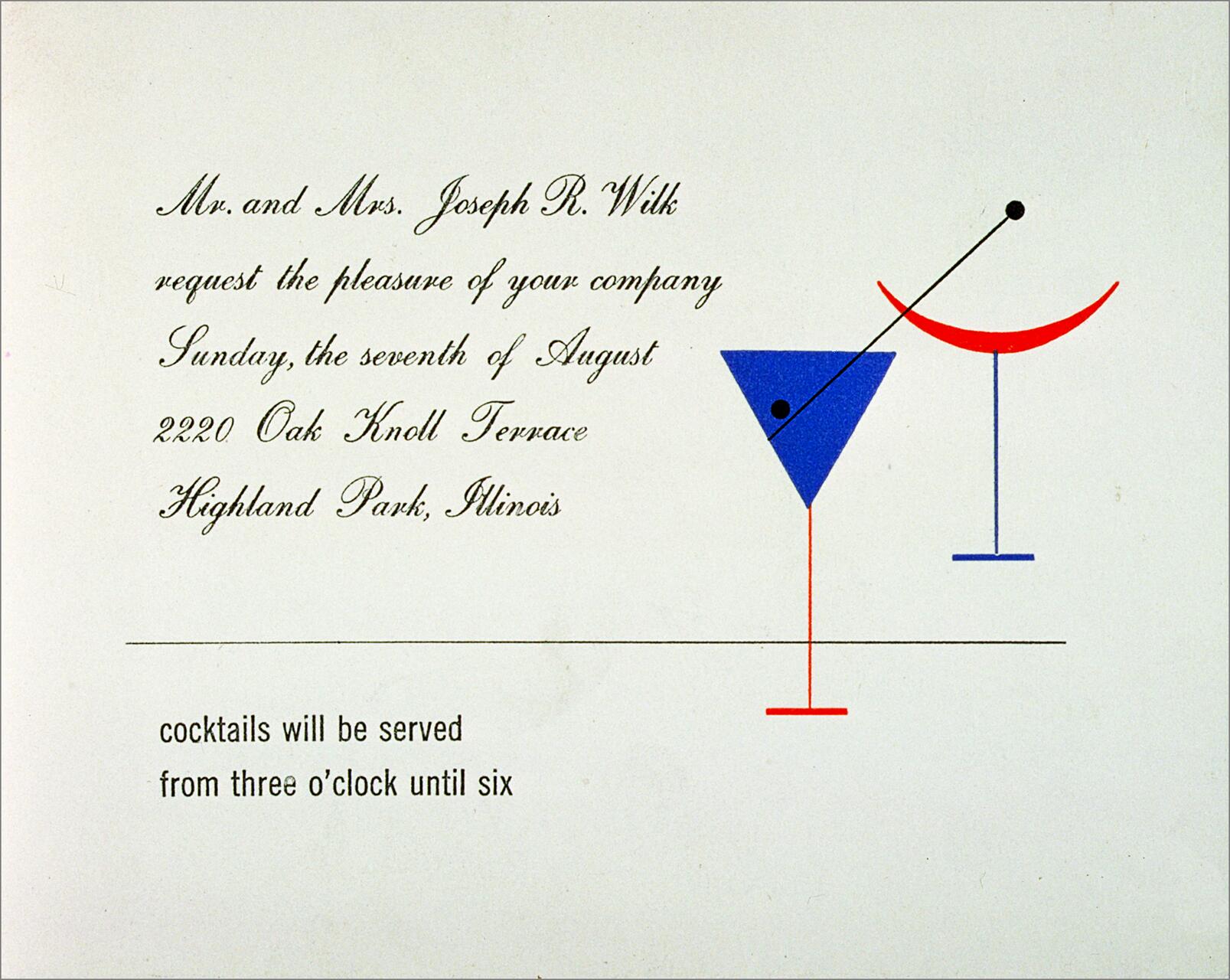 Invitation with elegant script text and abstract art of two stylized cocktail glasses, one blue and one red, connected by a black line.