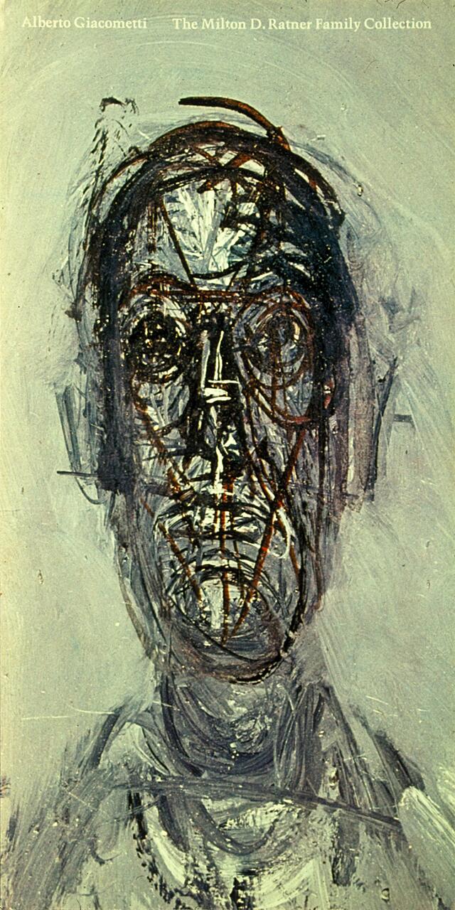 Abstract painting of a distorted human face with layered, dark brushstrokes. The background is muted gray, enhancing the chaotic and expressive style.