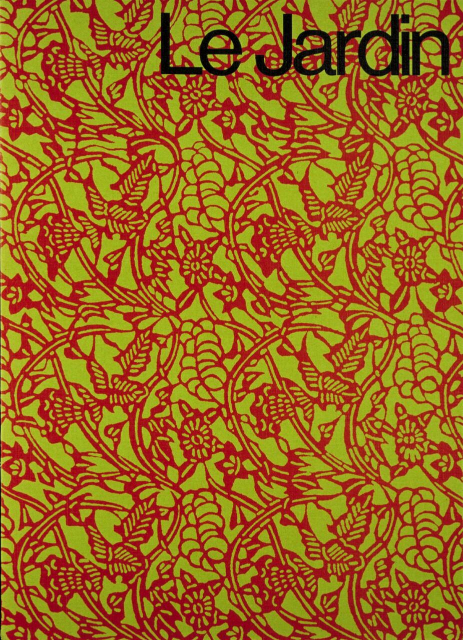 A decorative pattern featuring red floral and bird motifs on a green background.
