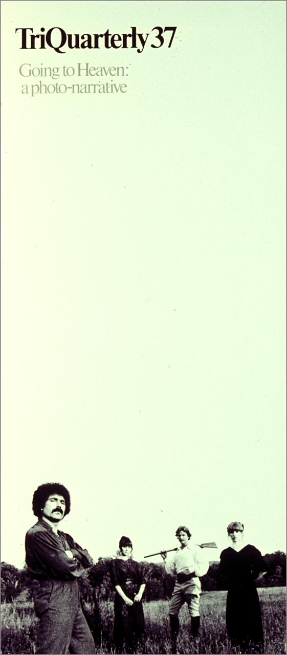 Four people stand in a grassy field under an expansive sky. One person holds a tool over their shoulder. The scene is in black and white, giving it a historical or dramatic feel.