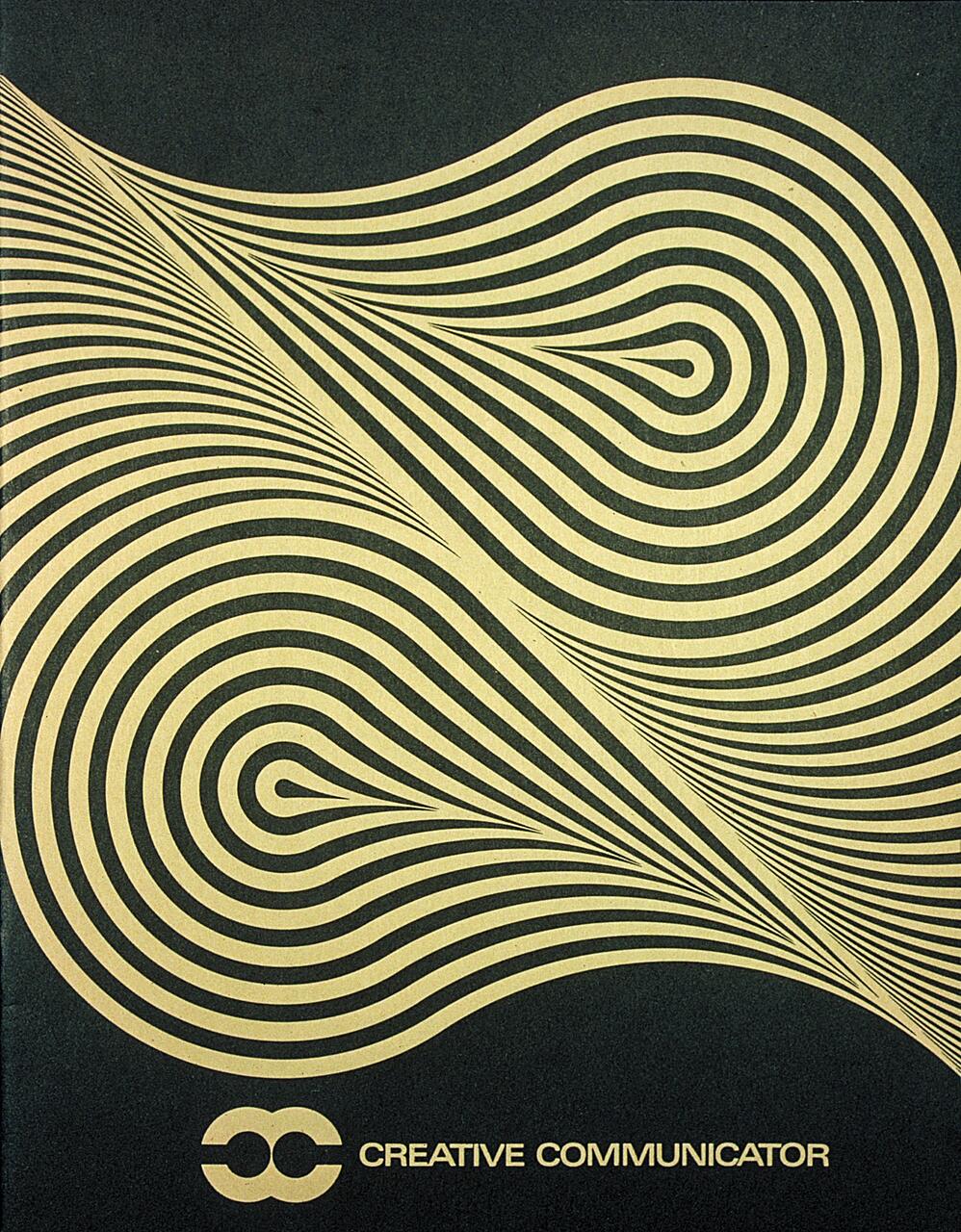 Abstract graphic with symmetrical beige curved lines on a dark green background, converging at the center. Below is a logo with two overlapping circles and the text "Creative Communicator" in beige.